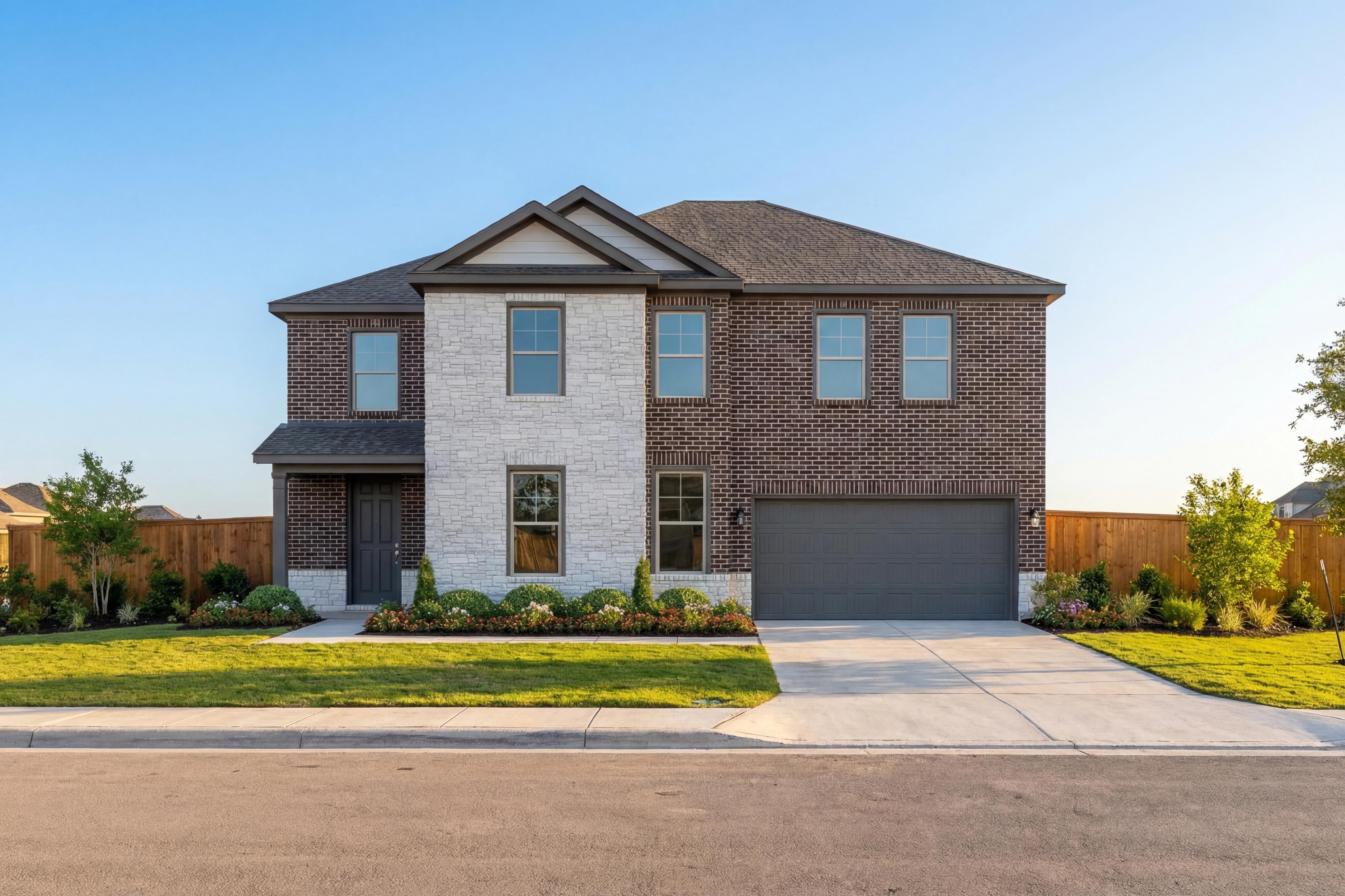 Modern two-story The Jennings G elevation with brick and siding facade, two-car garage, and landscaped front yard in Castroville Texas