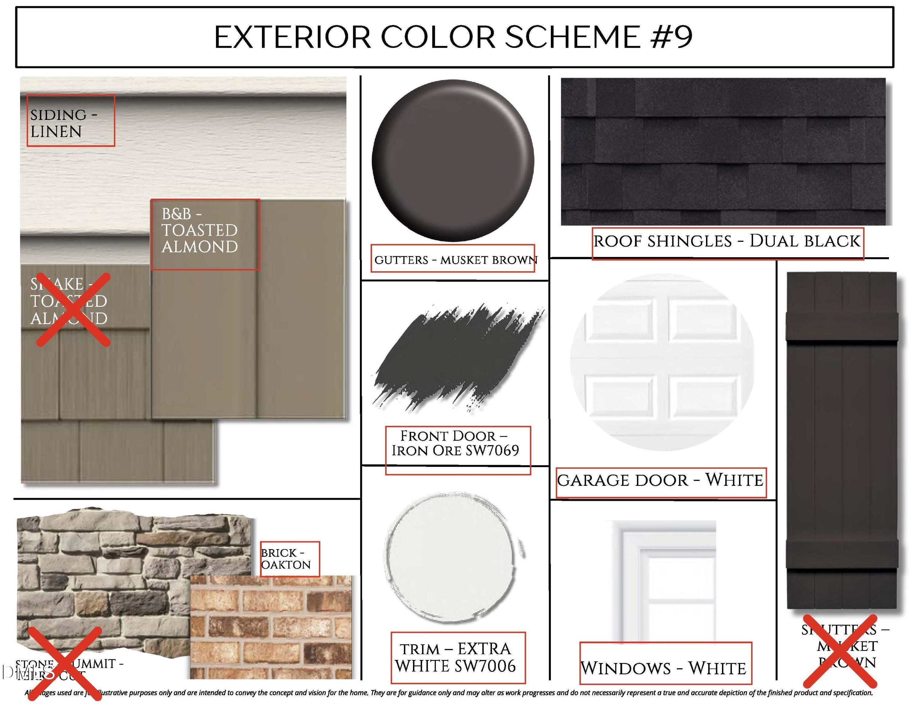 Exterior color scheme #9 with linen siding, toasted almond brick, musket gutters, dual black shingles for Davidson Homes The Daphne D in Lillington, NC