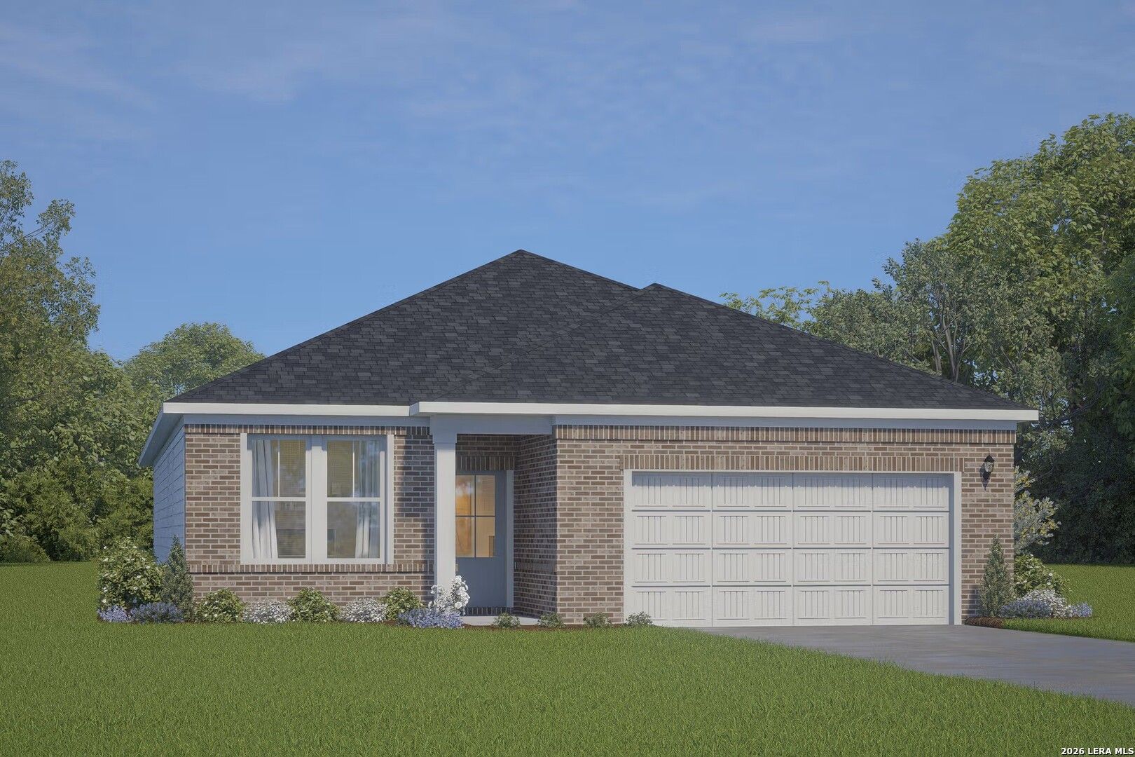 Single-story Glenwood E floor plan by Davidson Homes featuring a brick exterior and 2-car garage in Comanche Ridge, TX.