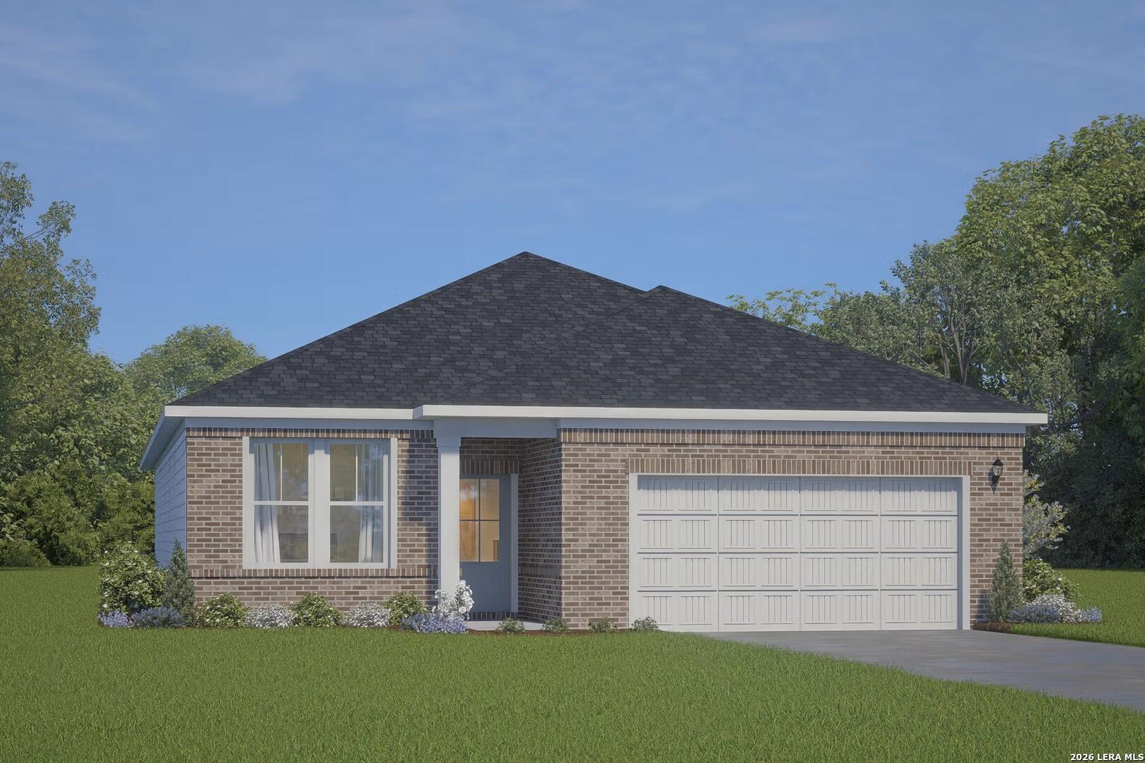 Single-story Glenwood E floor plan by Davidson Homes featuring a brick exterior and 2-car garage in Comanche Ridge, TX.
