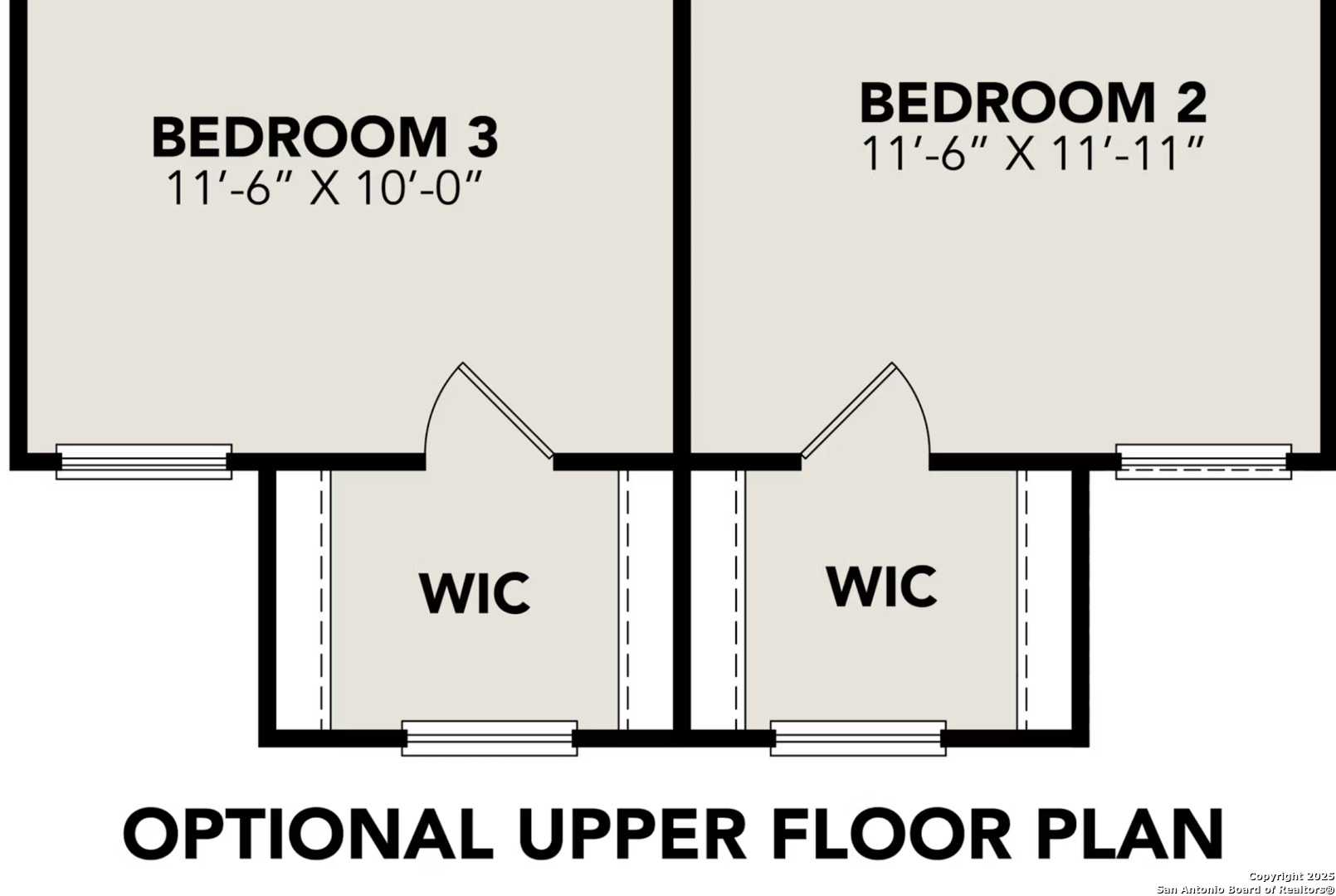 Optional upper floor plan with Bedroom 2 (11'6"x11'11") and Bedroom 3 (11'6"x10') plus walk-in closets in Davidson Homes Charlotte B, San Antonio