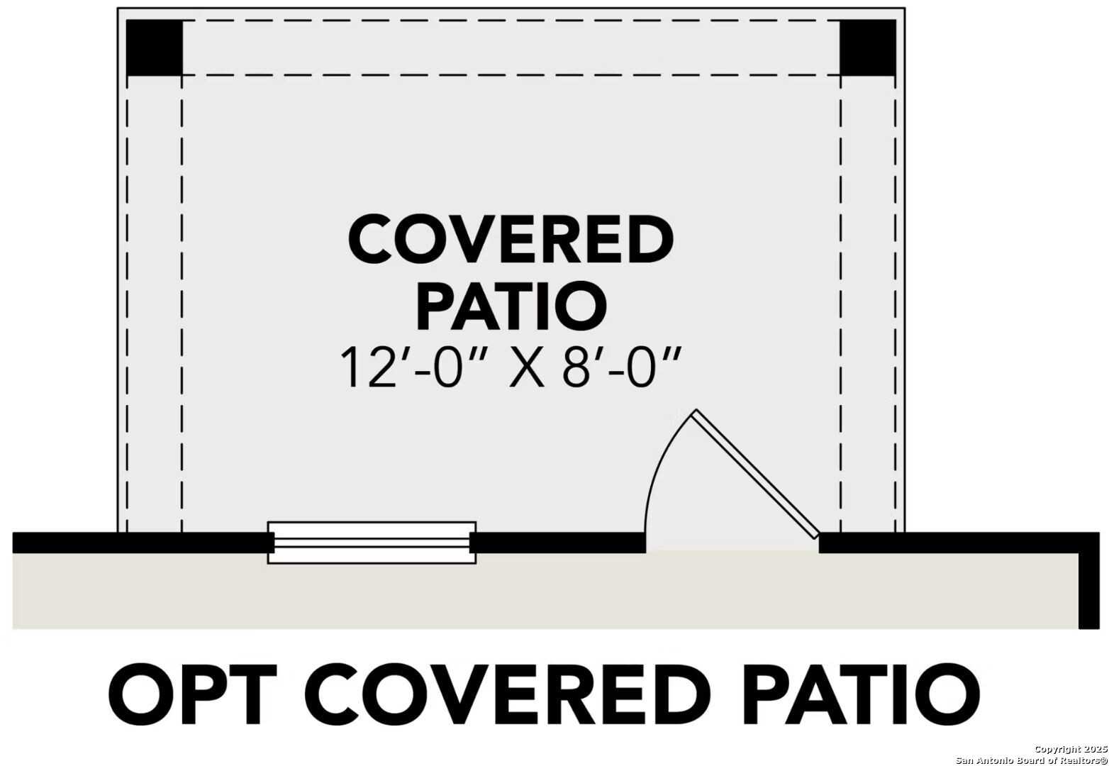 Covered 12x8 ft patio floor plan detail in Davidson Homes The Charlotte B, Cedar Heights, San Antonio, Texas