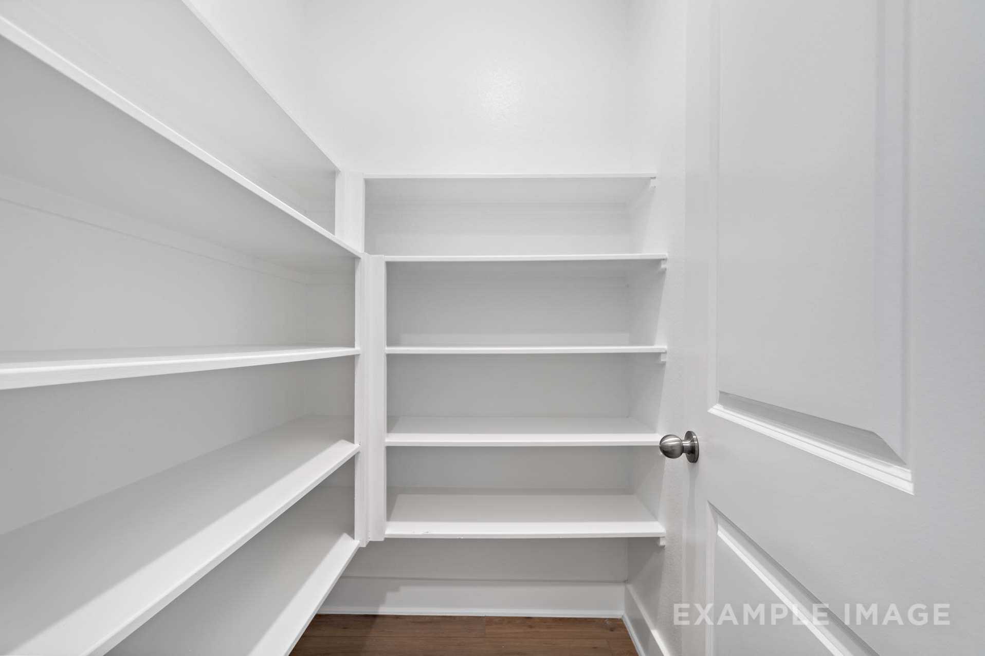 Spacious walk-in closet in The Diana C master suite featuring built-in wooden shelves and open white door