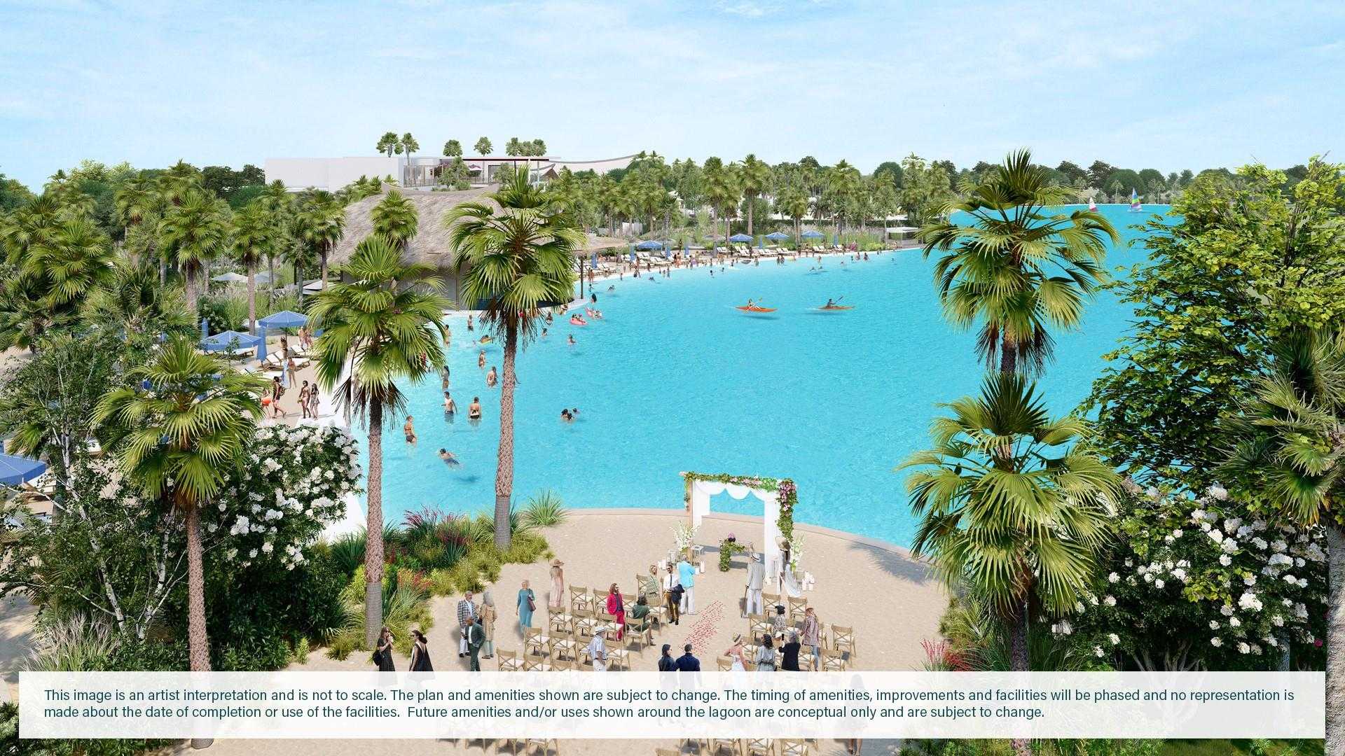 Serene turquoise beach lagoon with palm trees, colorful umbrellas, swimmers, and floral arch in River Ranch Meadows, Dayton, Texas