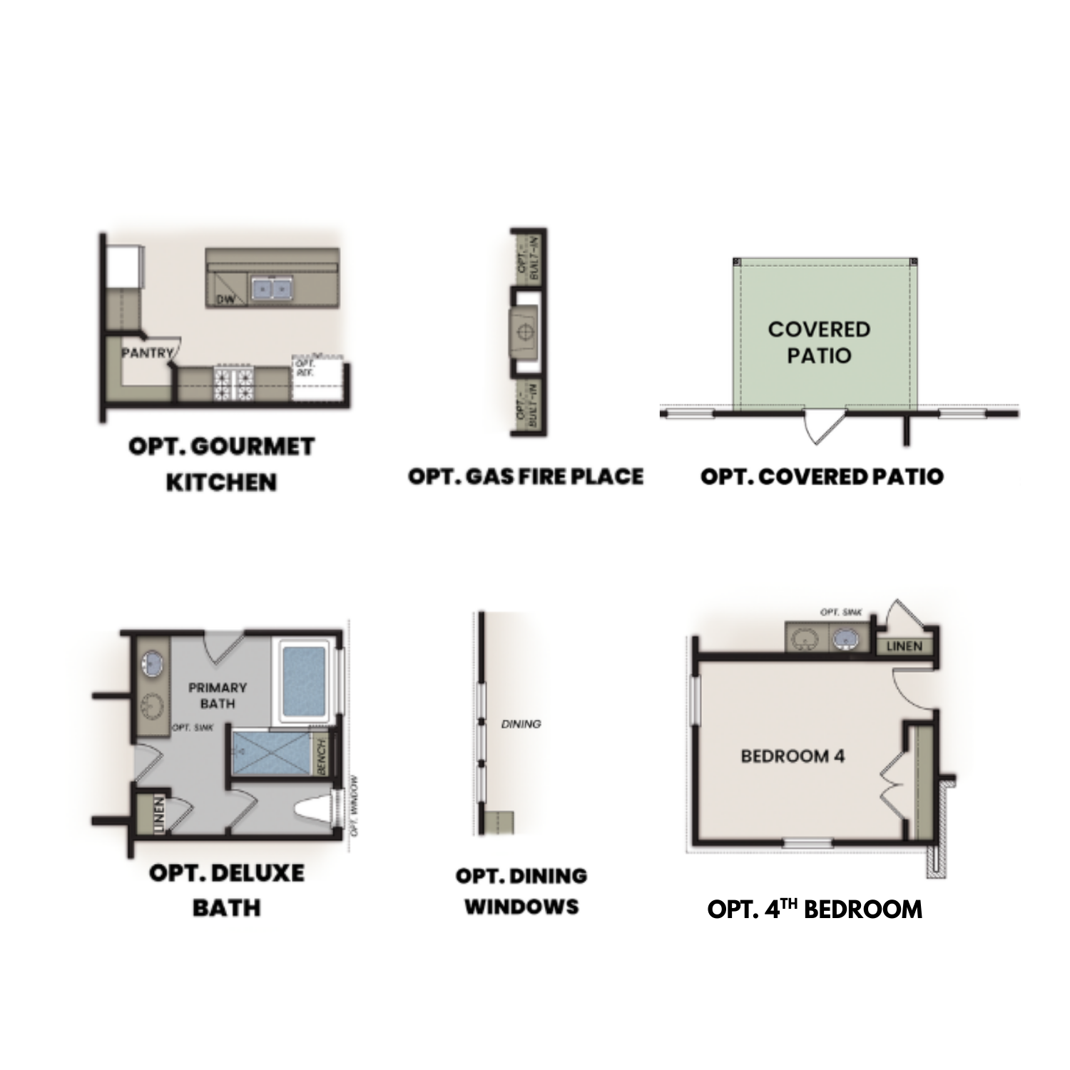 Cottonwood floor plan by Davidson Homes: 3-4 bed, 2-bath, 1-story layout with gourmet kitchen, covered patio, gas fireplace options