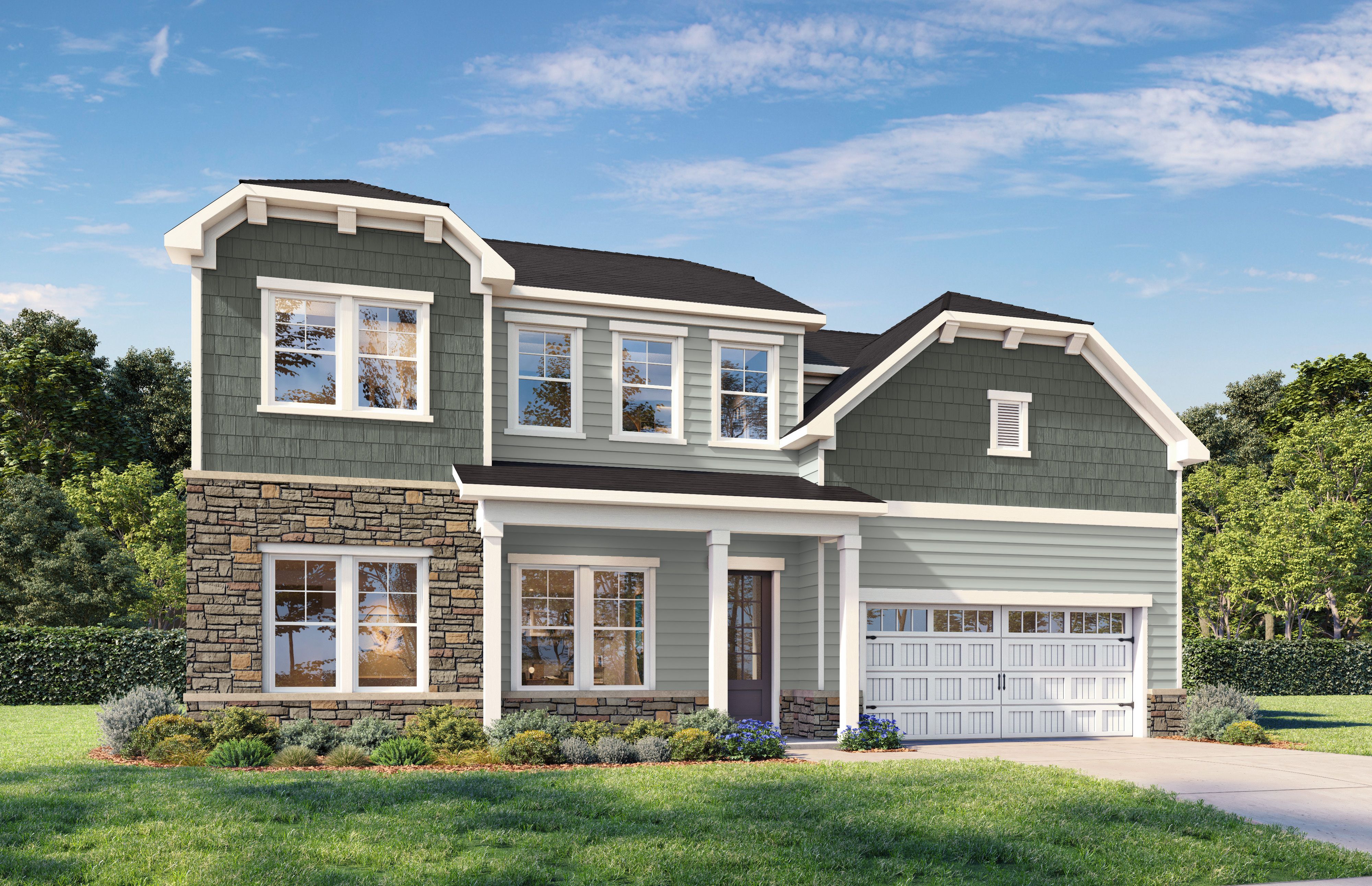 Two-story The Barrington C elevation with stone accents, gray siding, front porch, and 2-car garage in Apex, NC