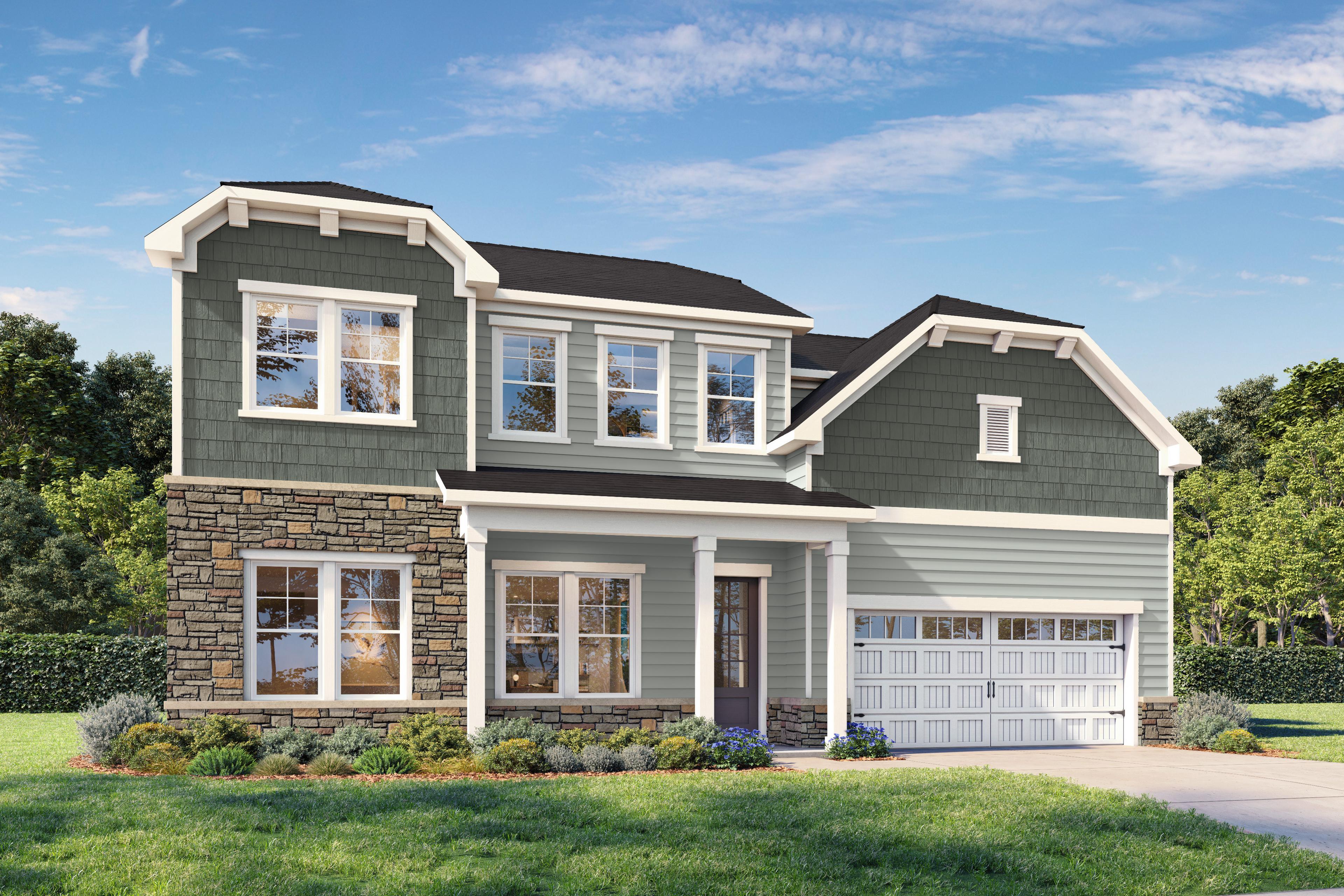 Two-story The Barrington C elevation with stone accents, gray siding, front porch, and 2-car garage in Apex, NC