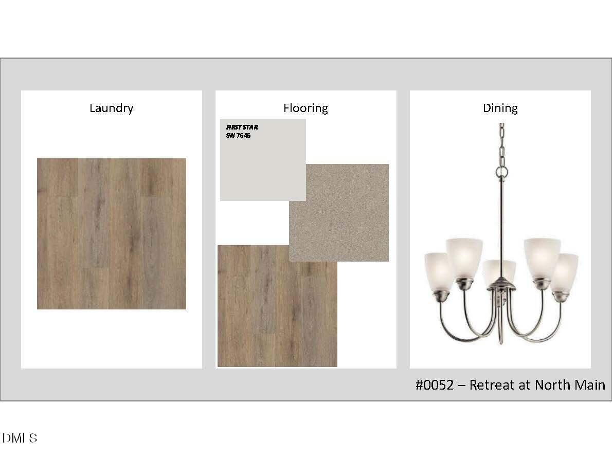 Interior design board showing wood flooring samples, neutral Pantone paint, and chandelier for laundry, dining in The Ash B home, Lillington, NC