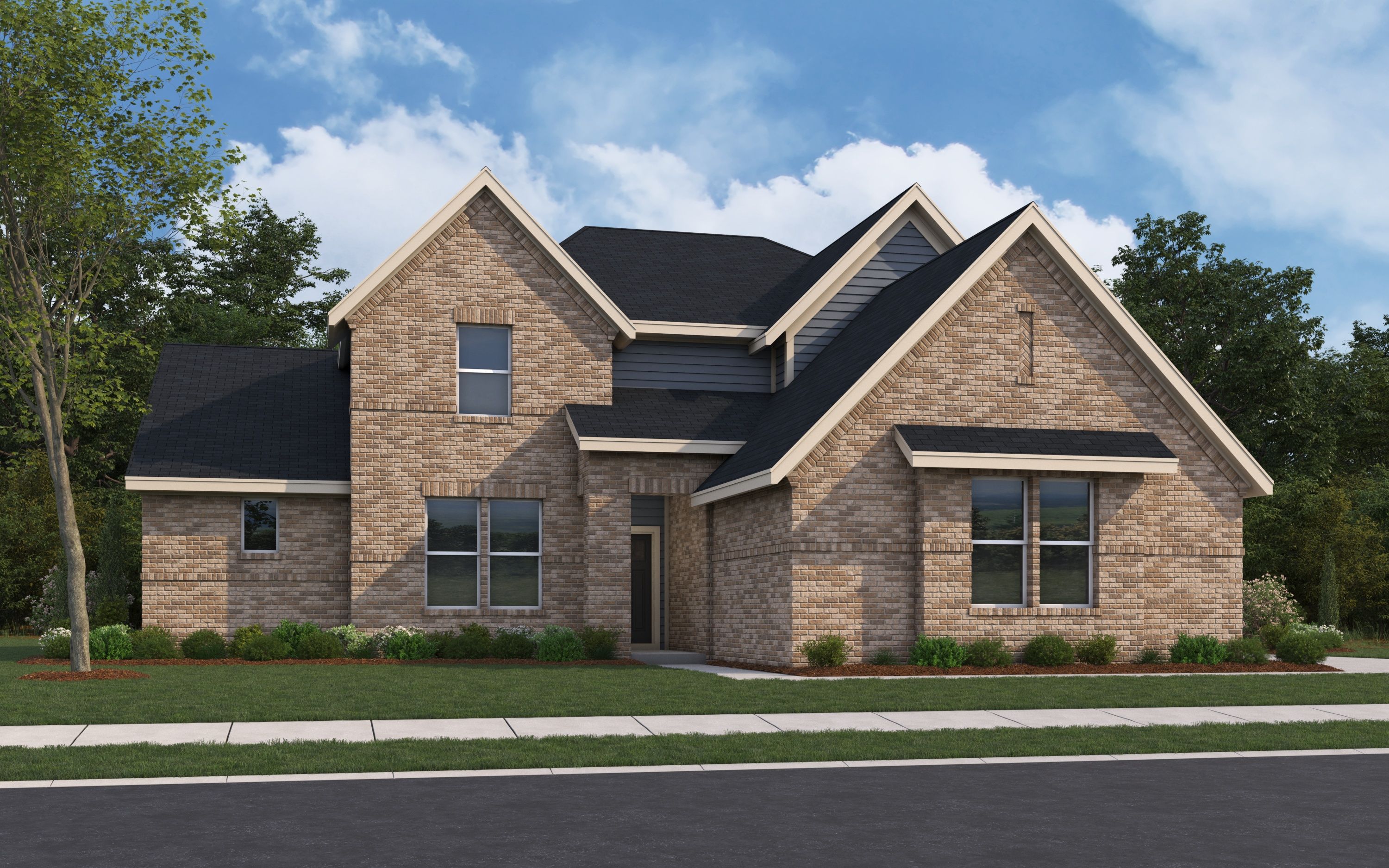 Contemporary 2-story elevation of The Avalon E by Evermore Homes with white brick, gray siding, and 3-car garage