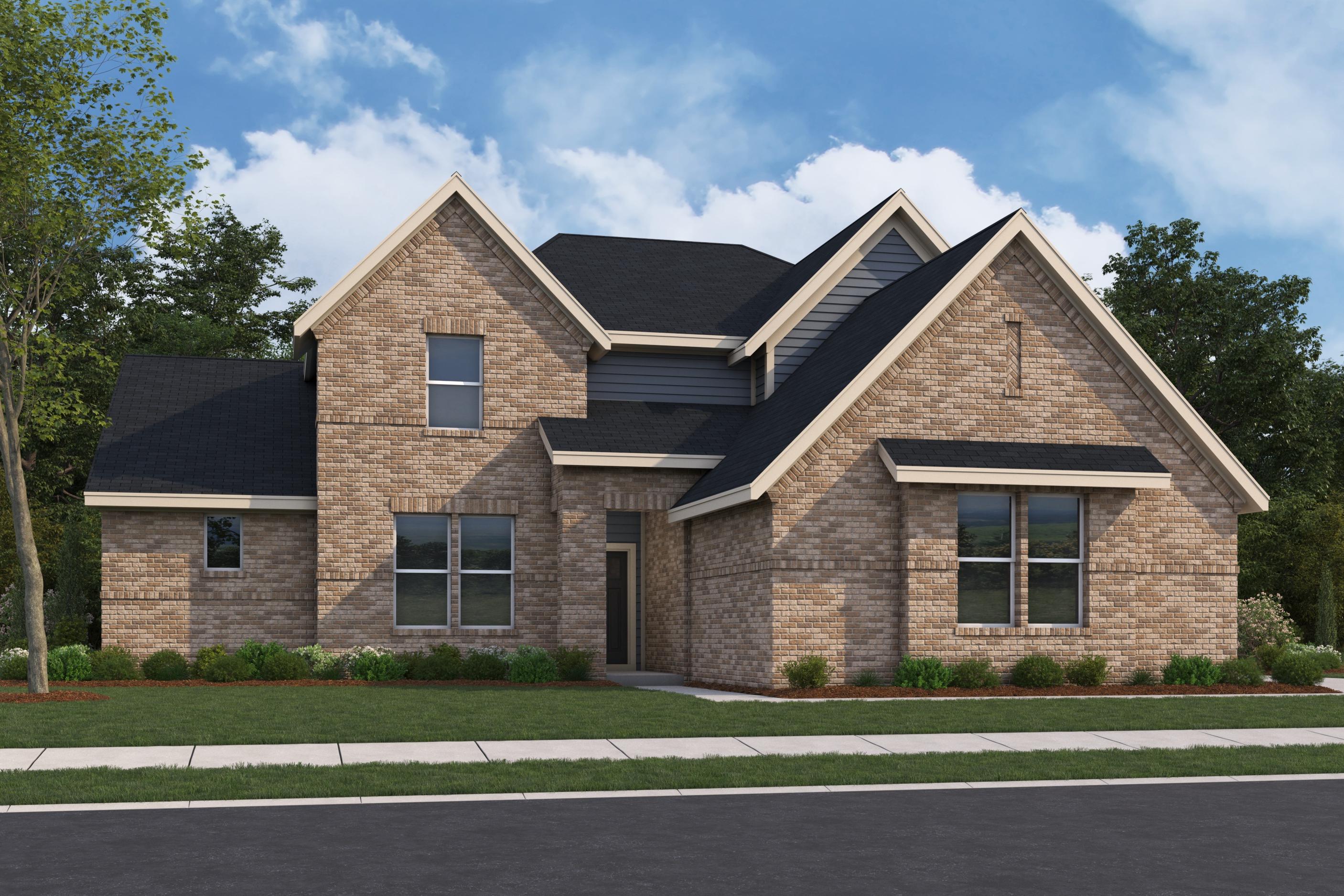 Contemporary 2-story elevation of The Avalon E by Evermore Homes with white brick, gray siding, and 3-car garage