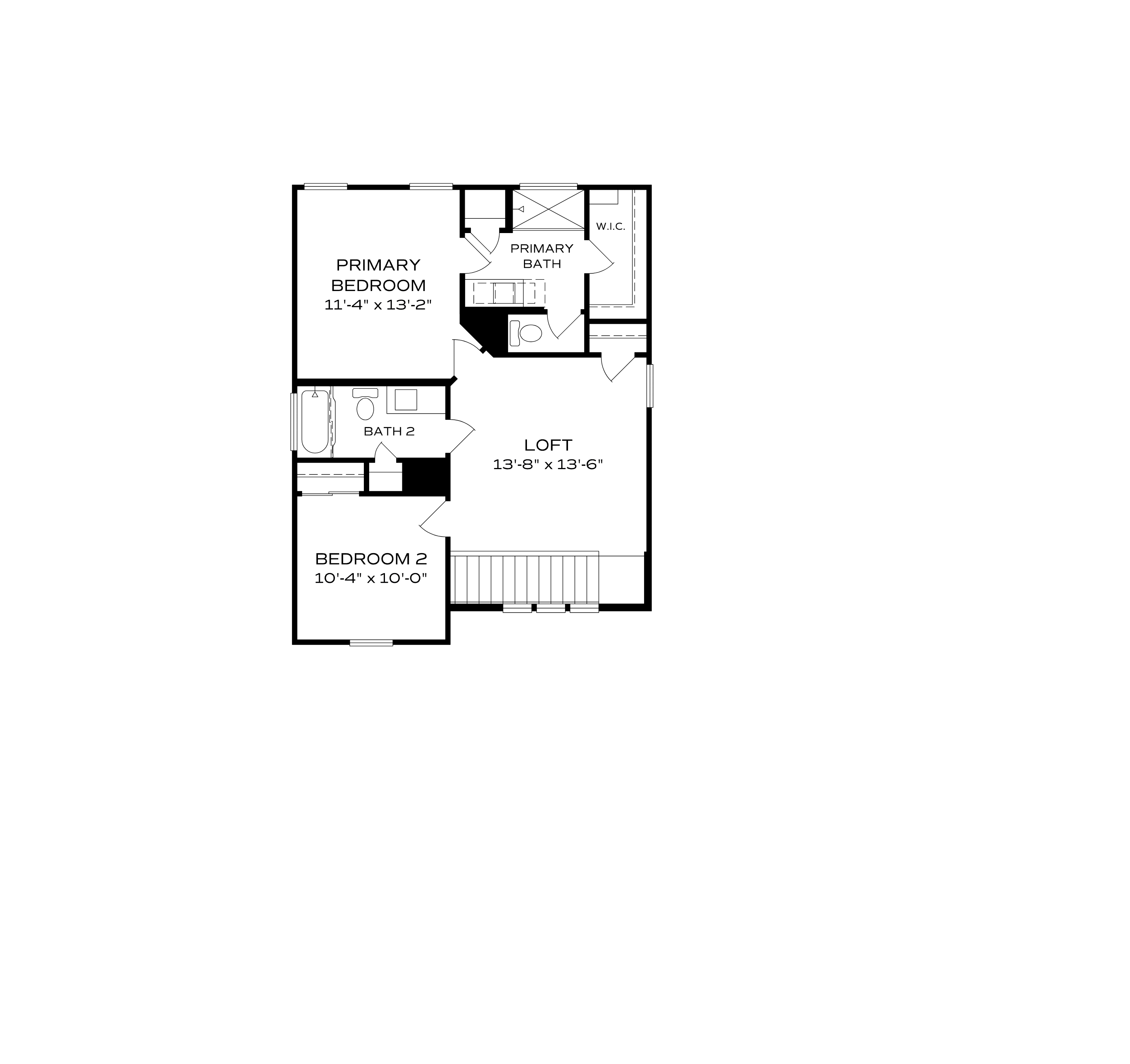 Upper floor plan of The Wilmington showcasing primary bedroom suite, loft, bath 2, and bedroom 2