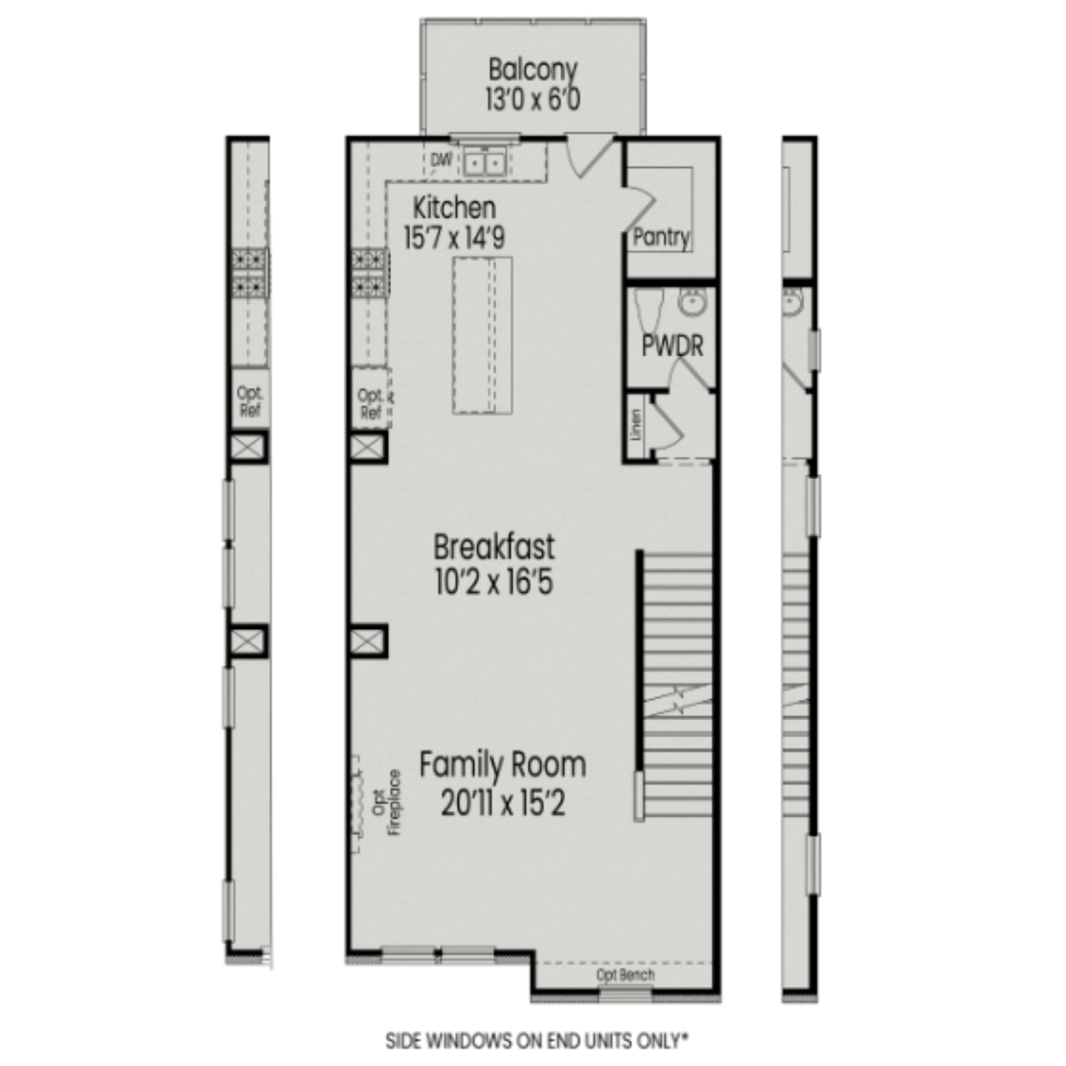 Open-concept second floor plan of The Avery multi-family home in Knightdale NC featuring kitchen, 10x15 breakfast, 20x15 family room, balconies