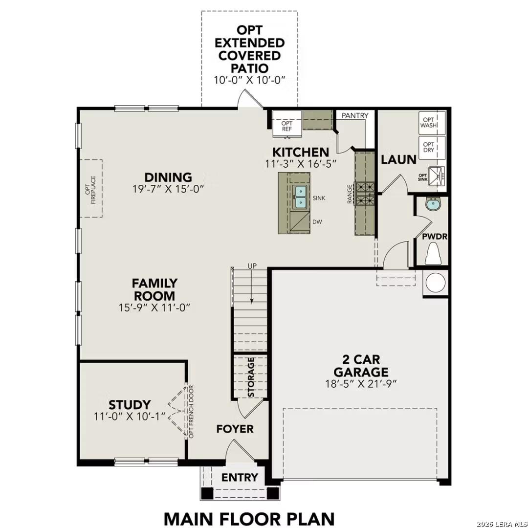 Main floor plan of The Murray H 5-bedroom home by Davidson Homes: open kitchen, family room, 2-car garage in Horizon Pointe, Converse, TX