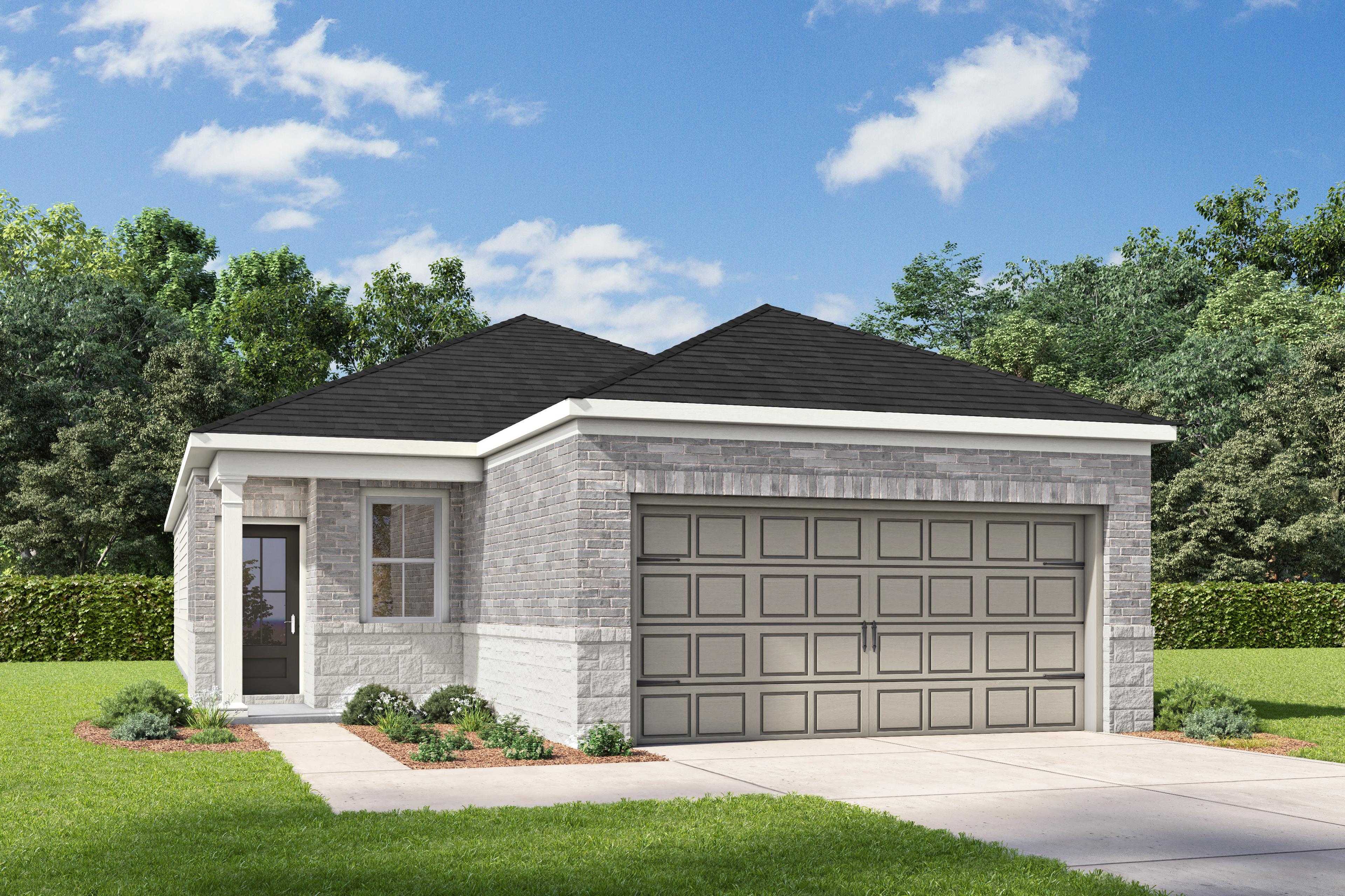 The Colorado single-story home elevation featuring gray brick exterior, black composition roof, and 2-car garage amid lush landscaping