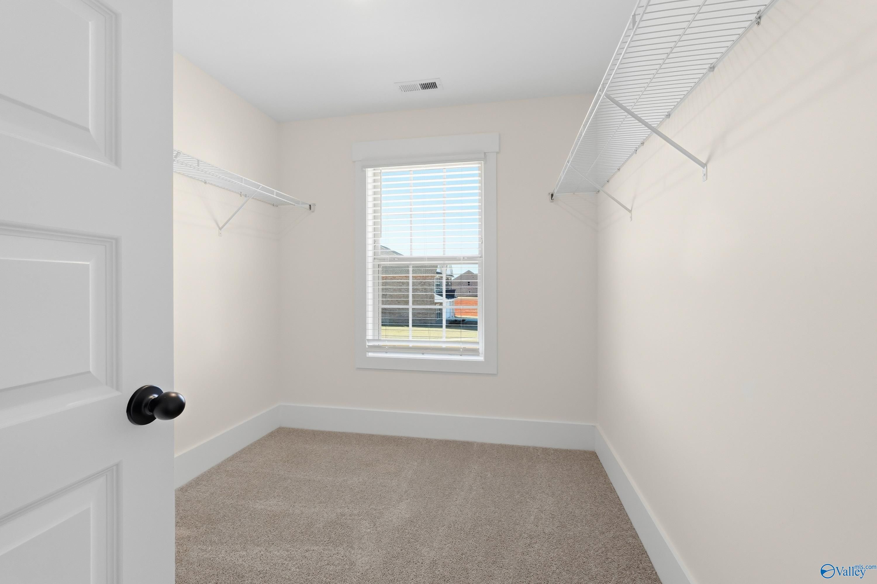 Spacious walk-in closet with wire shelving, beige walls, carpet floor, and window in Davidson Homes The Shelby A, Athens, Alabama