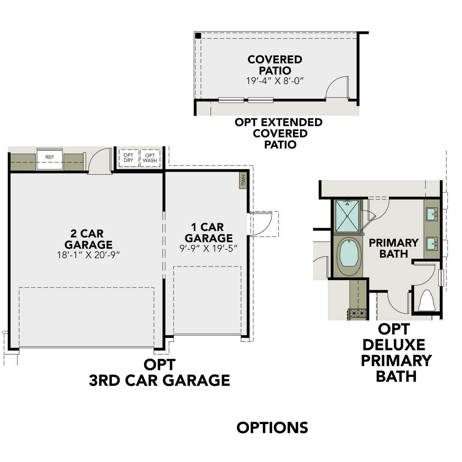 The Laguna B 3-car garage floor plan with optional covered patio, extended patio, and deluxe primary bath tub and shower