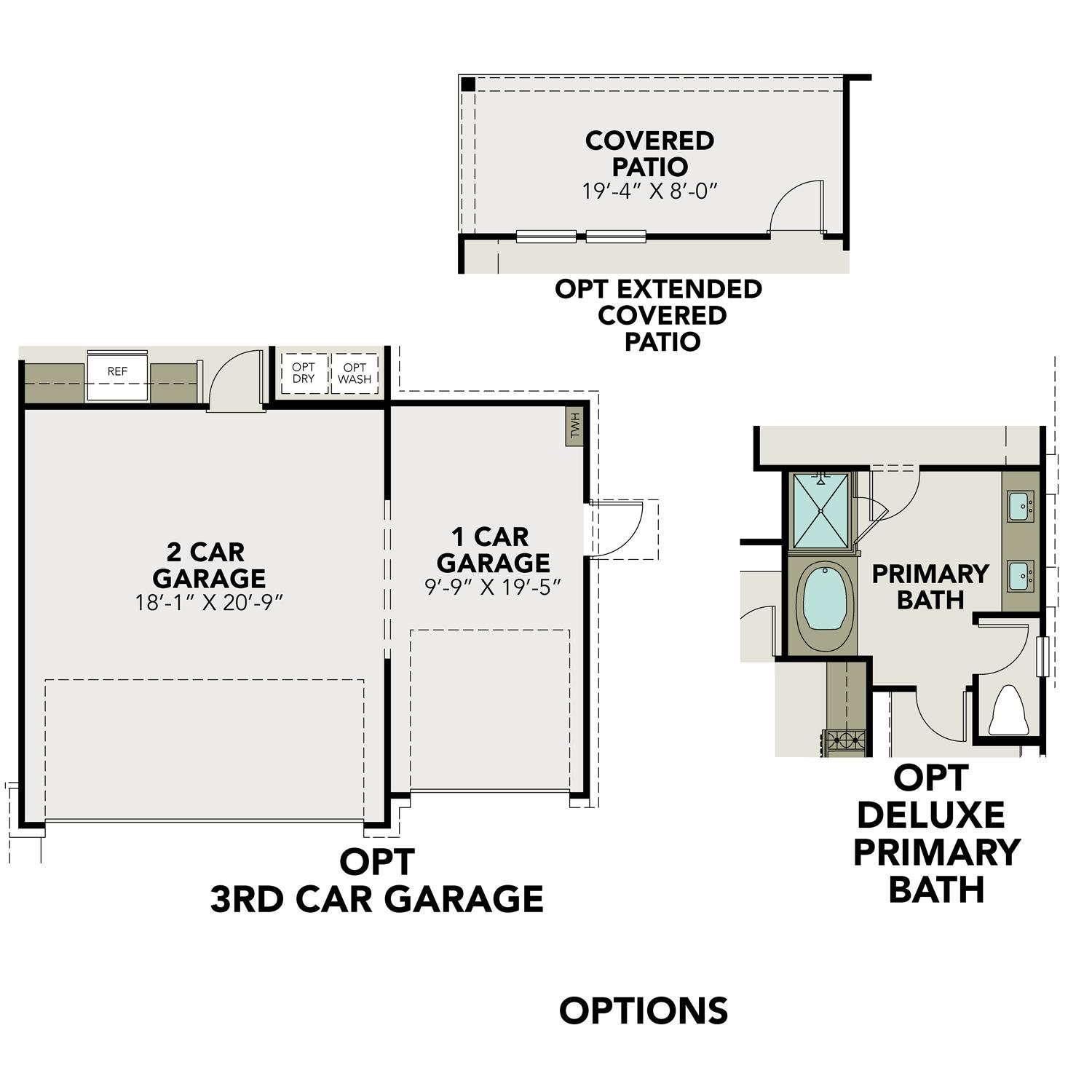 3-car garage floor plan for The Laguna A by Davidson Homes, featuring optional extended space, covered patio, and deluxe primary bath