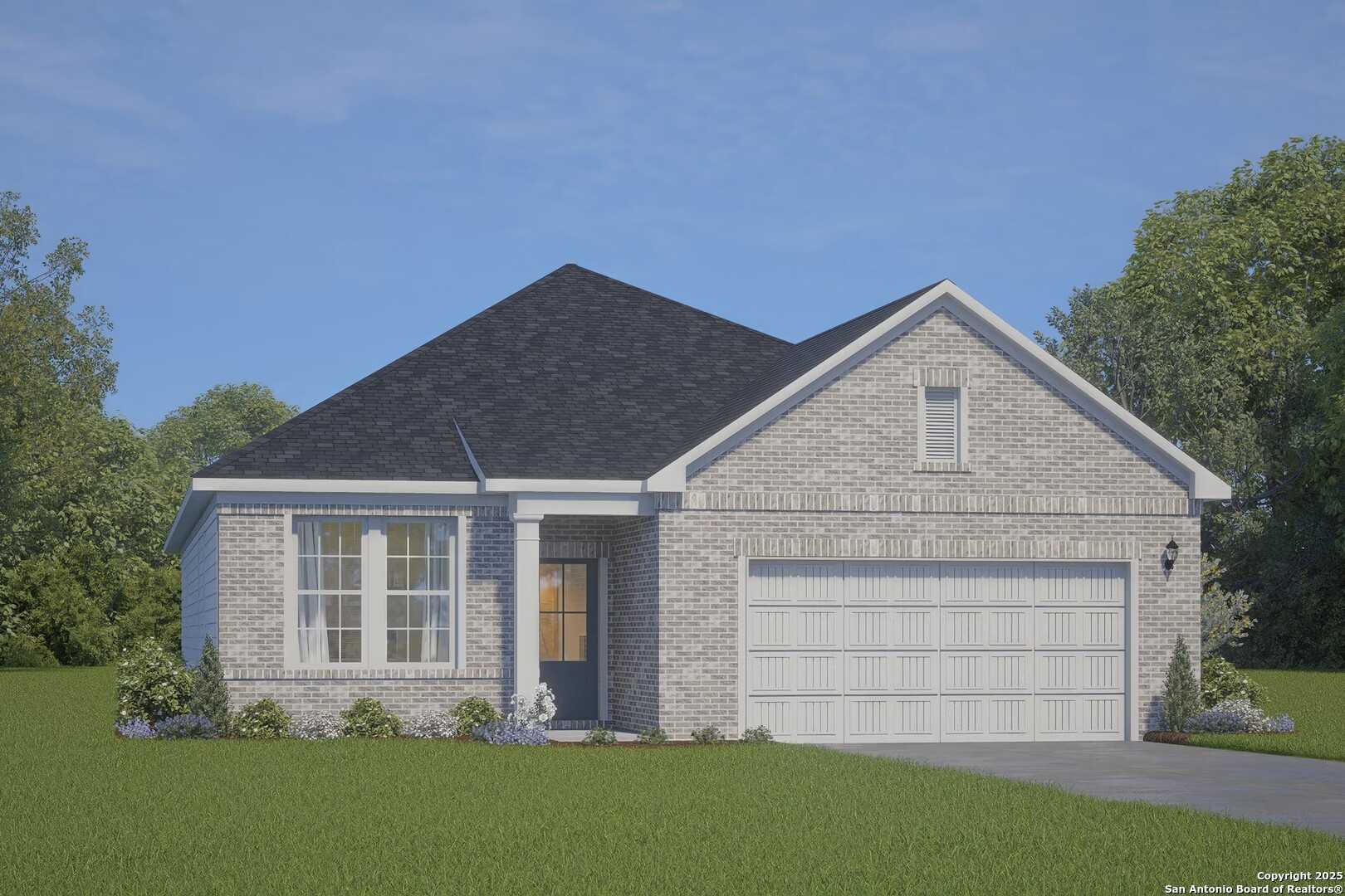 The Glenwood I single-story home by Davidson Homes in Bricewood, San Antonio: beige brick exterior, 2-car garage, green lawn and trees