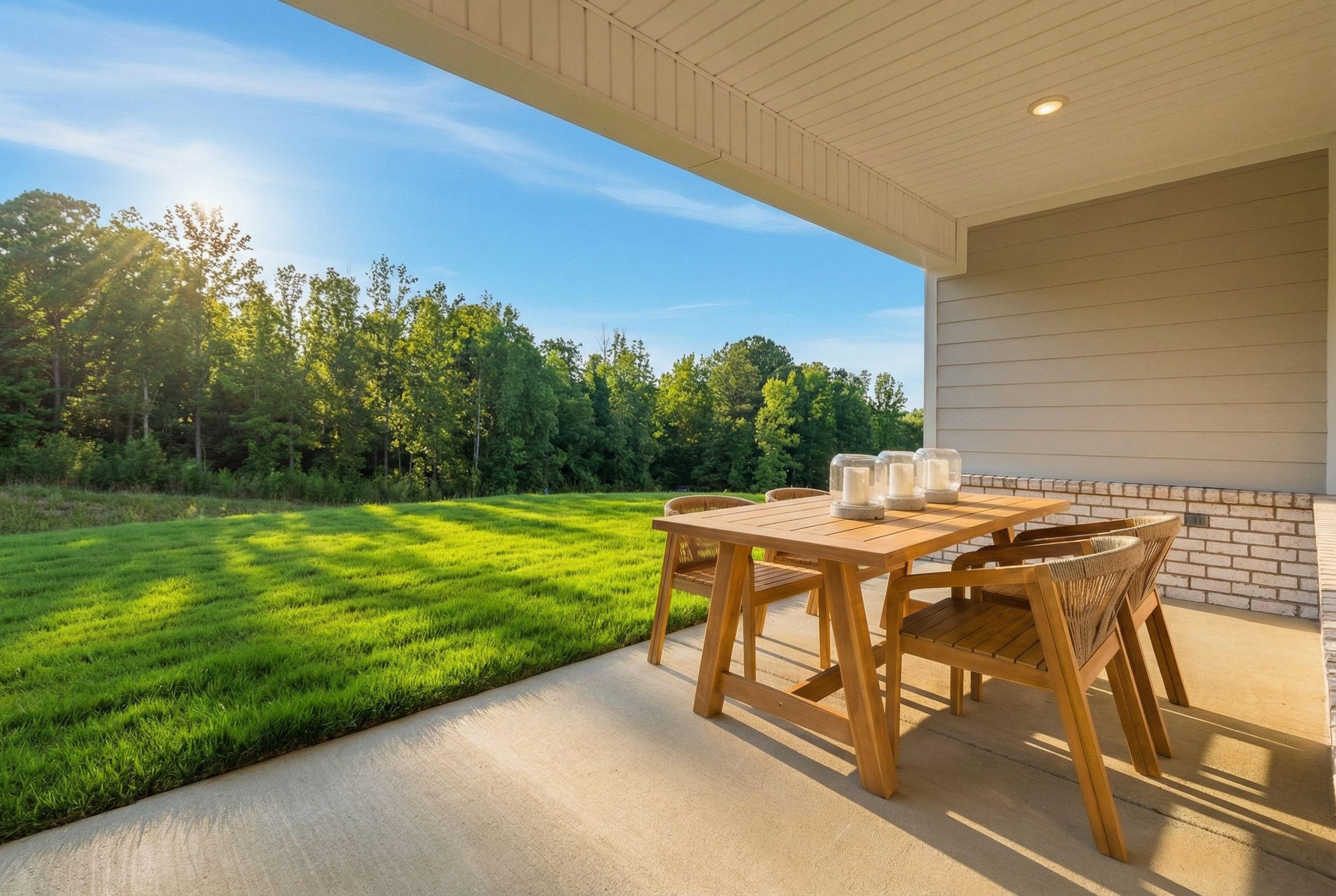 Spacious covered patio with teak dining table and chairs overlooking lush green lawn and trees at Noble Ridge in Cullman, Alabama