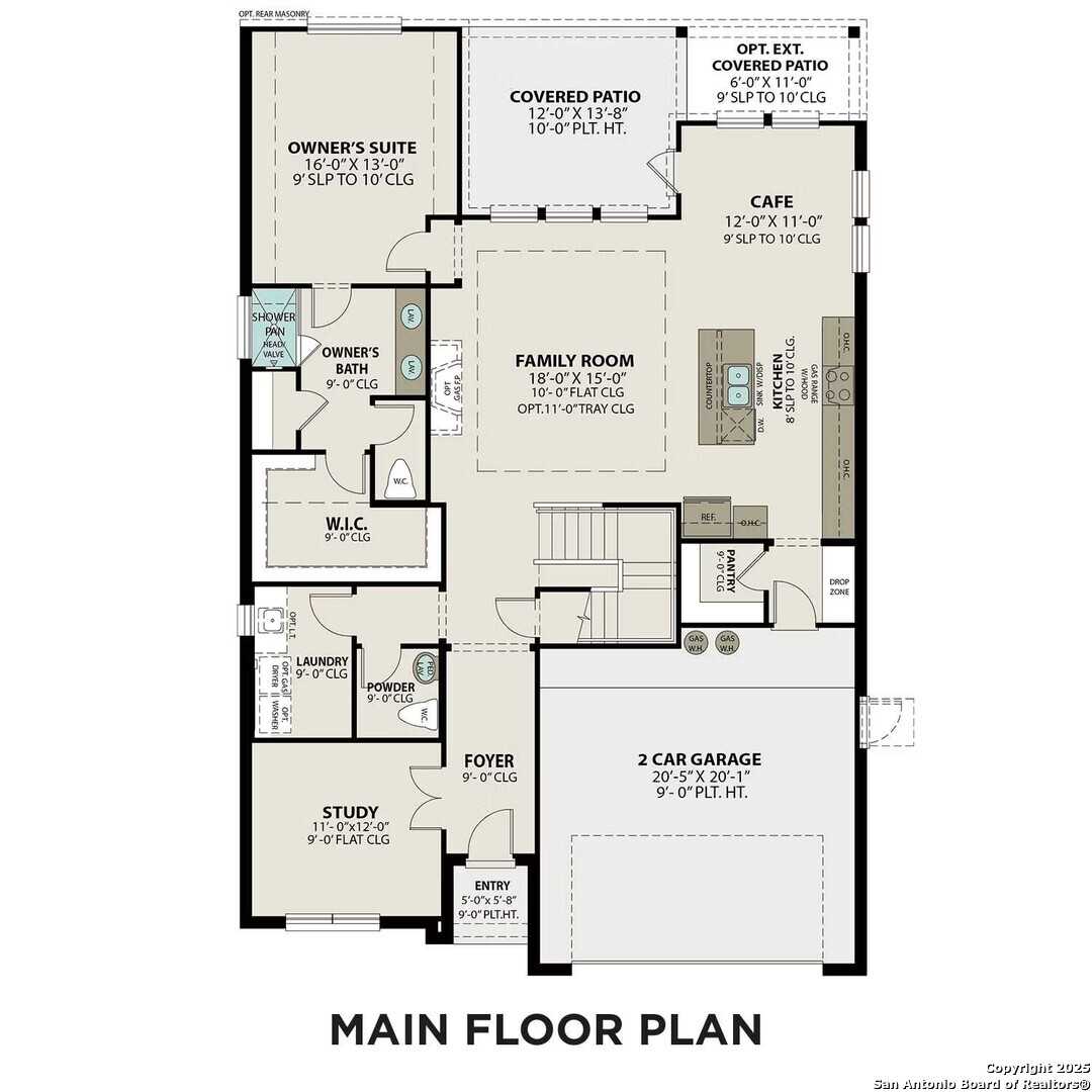 Main floor plan of The Sequoia B 4-bedroom home by Davidson Homes in Bricewood, San Antonio, Texas with open kitchen, family room, and 2-car garage