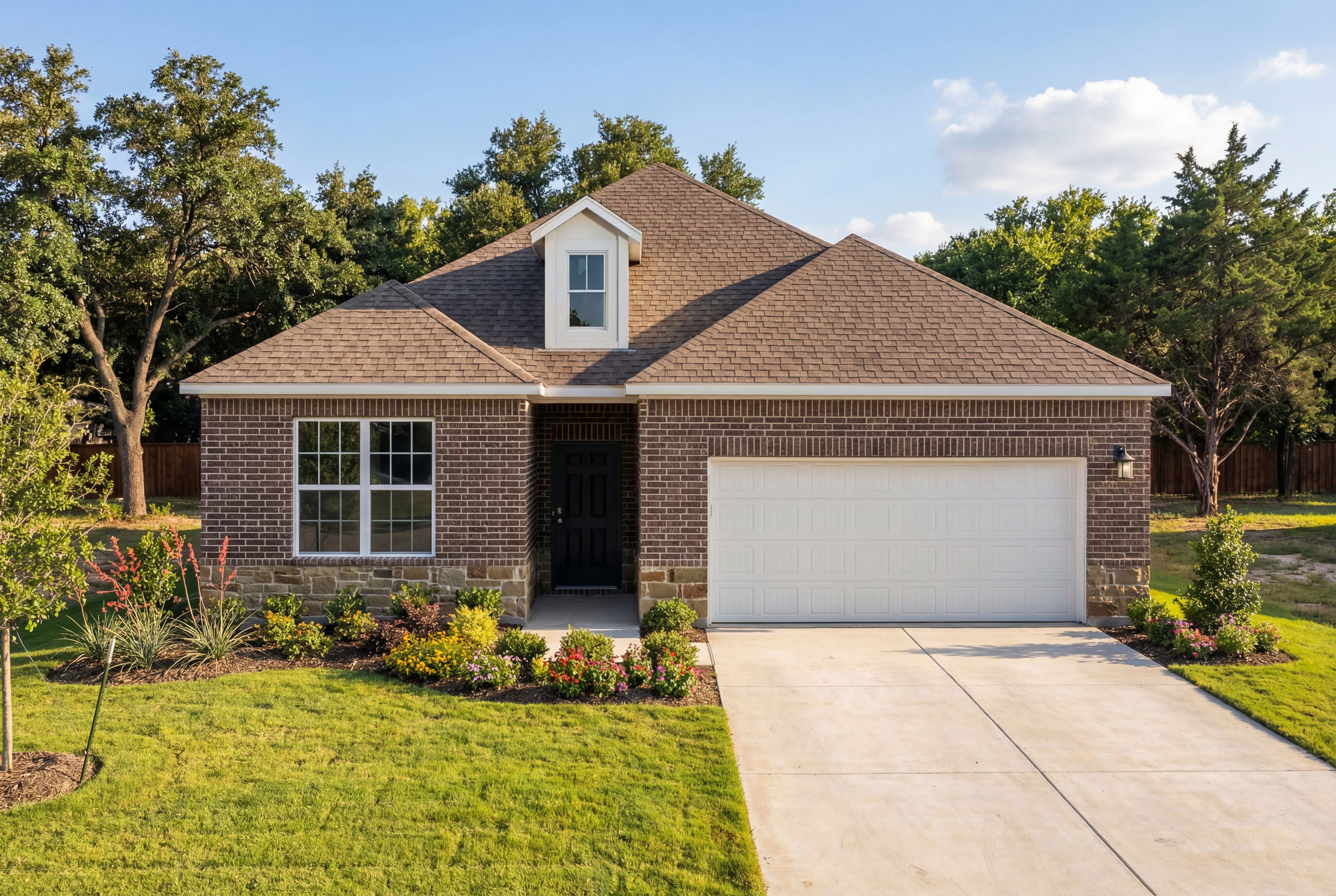 Charming single-story brick exterior of The Everett O with two-car garage, dormer window, and landscaped front yard in Heartland Texas