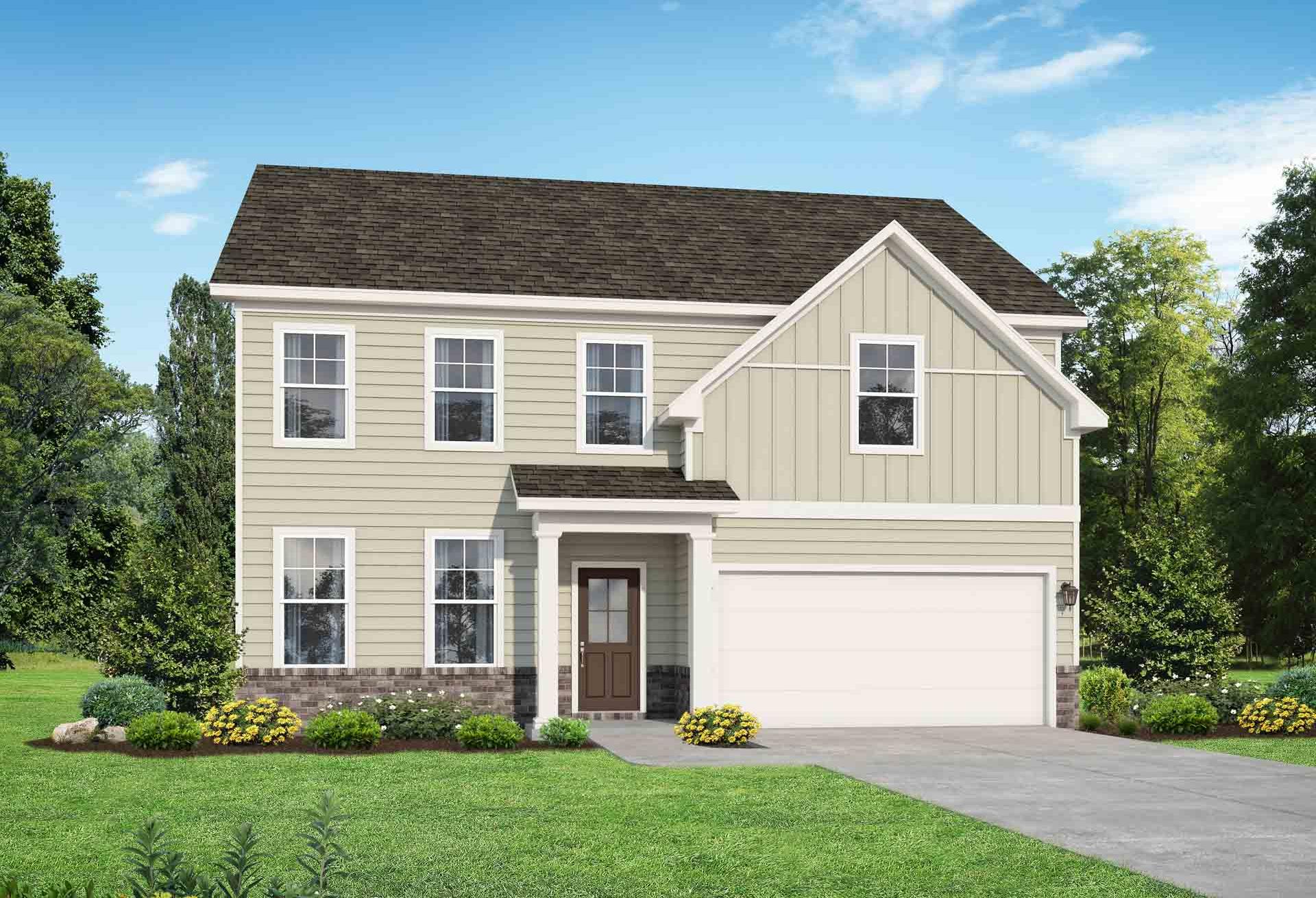 Two-story Murray B home elevation with beige siding, dark roof, covered porch, two-car garage, and landscaped yard by Davidson Homes