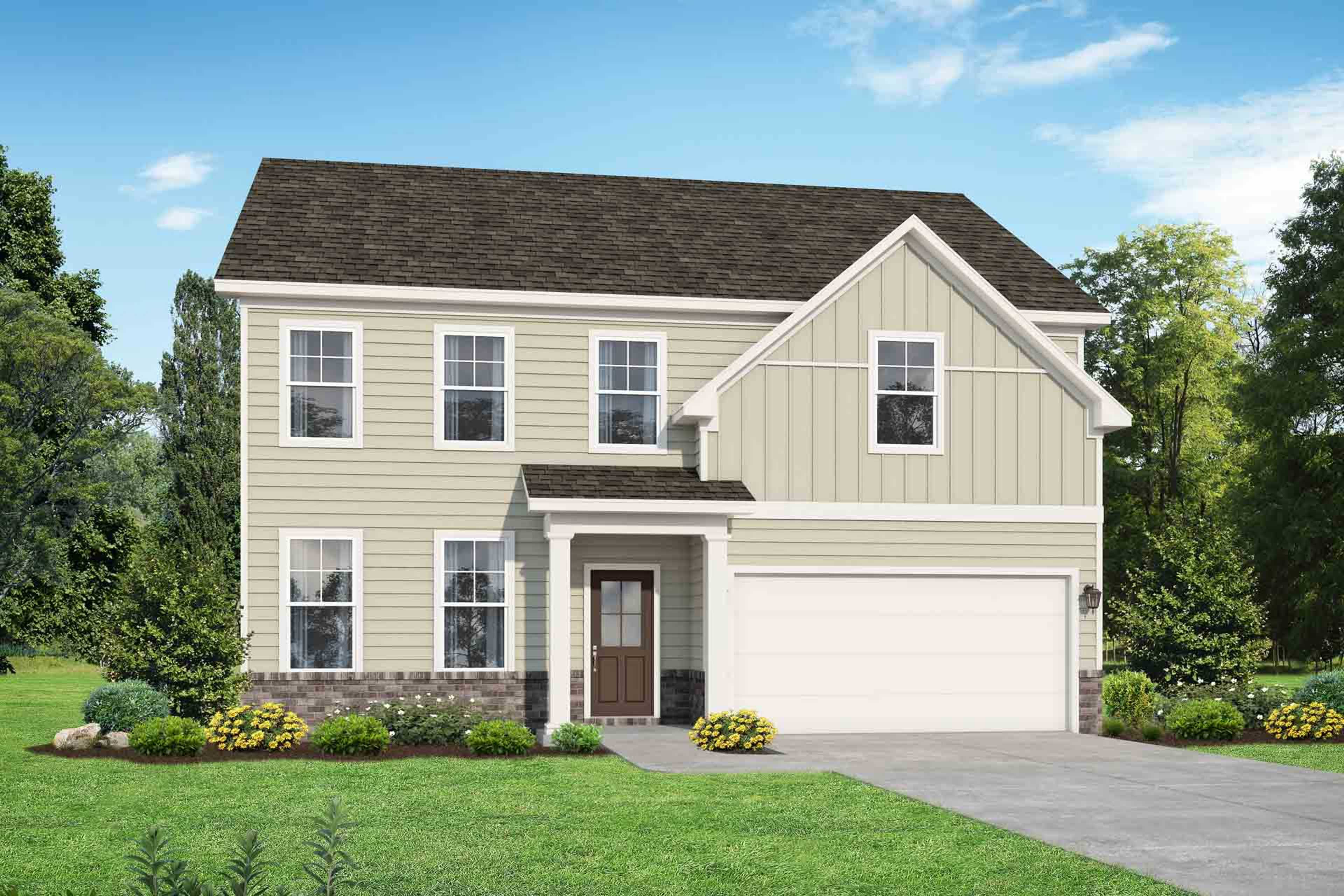 Two-story Murray B home elevation with beige siding, dark roof, covered porch, two-car garage, and landscaped yard by Davidson Homes