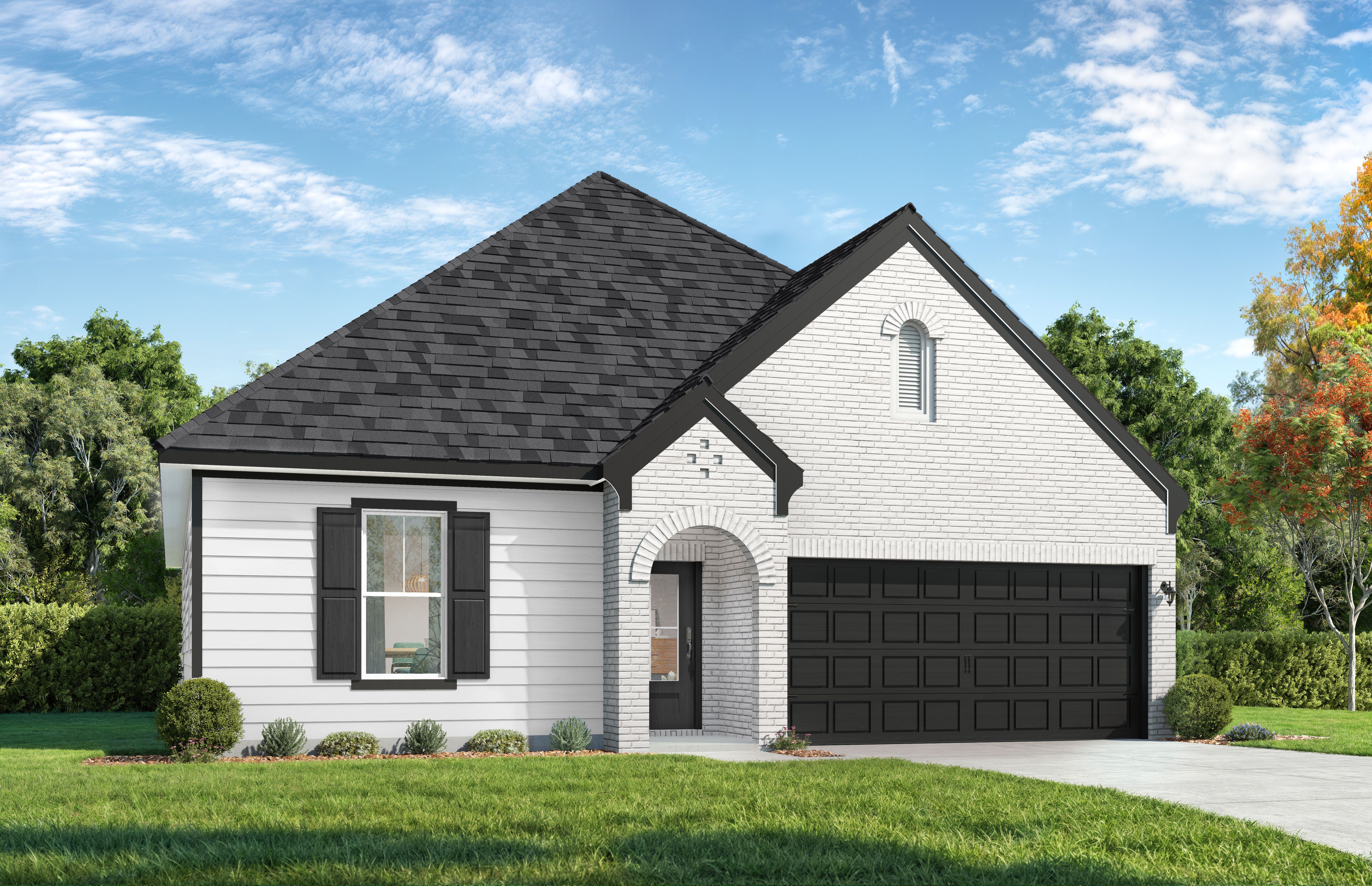 Exterior elevation of The Cottonwood B, a 1-story single-family home in Gallatin with white brick and siding.