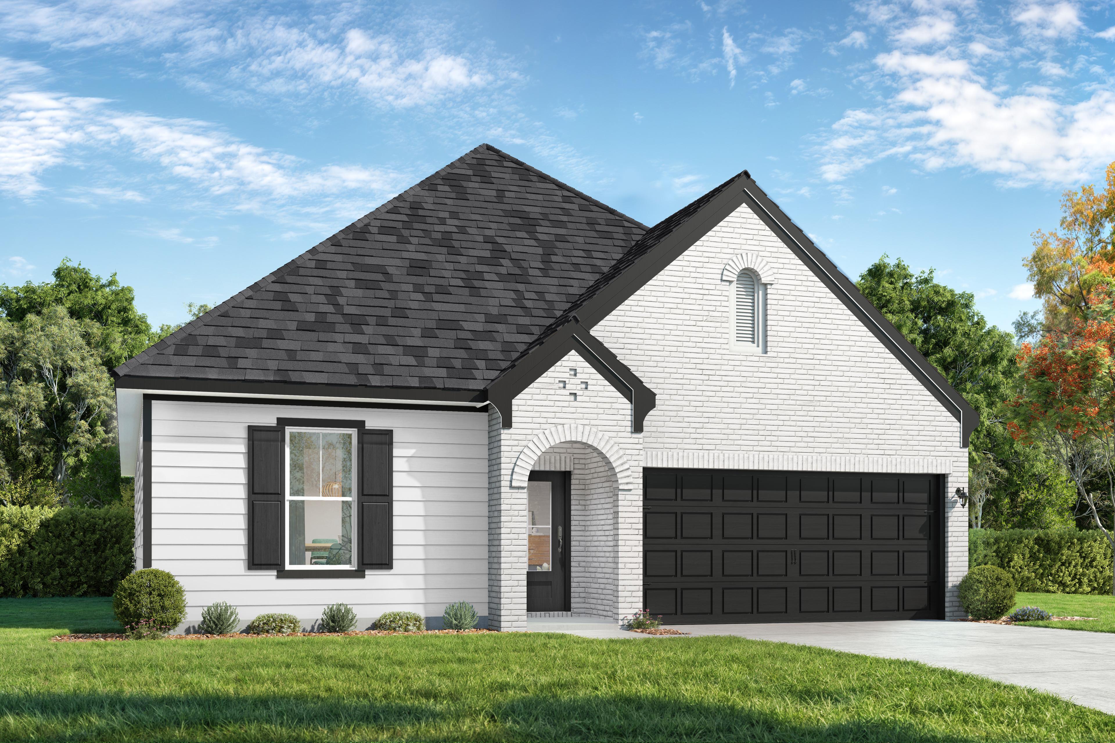 Exterior elevation of The Cottonwood B, a 1-story single-family home in Gallatin with white brick and siding.