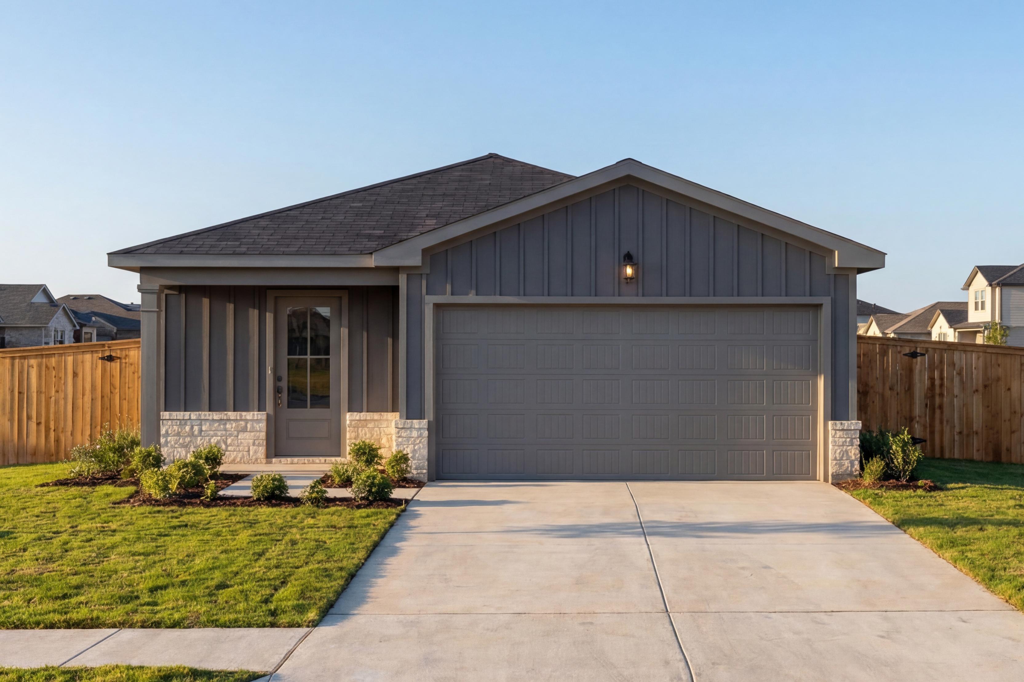 Exterior of The Frio B single-family home by Davidson Homes featuring a stone and siding facade and 2-car garage.