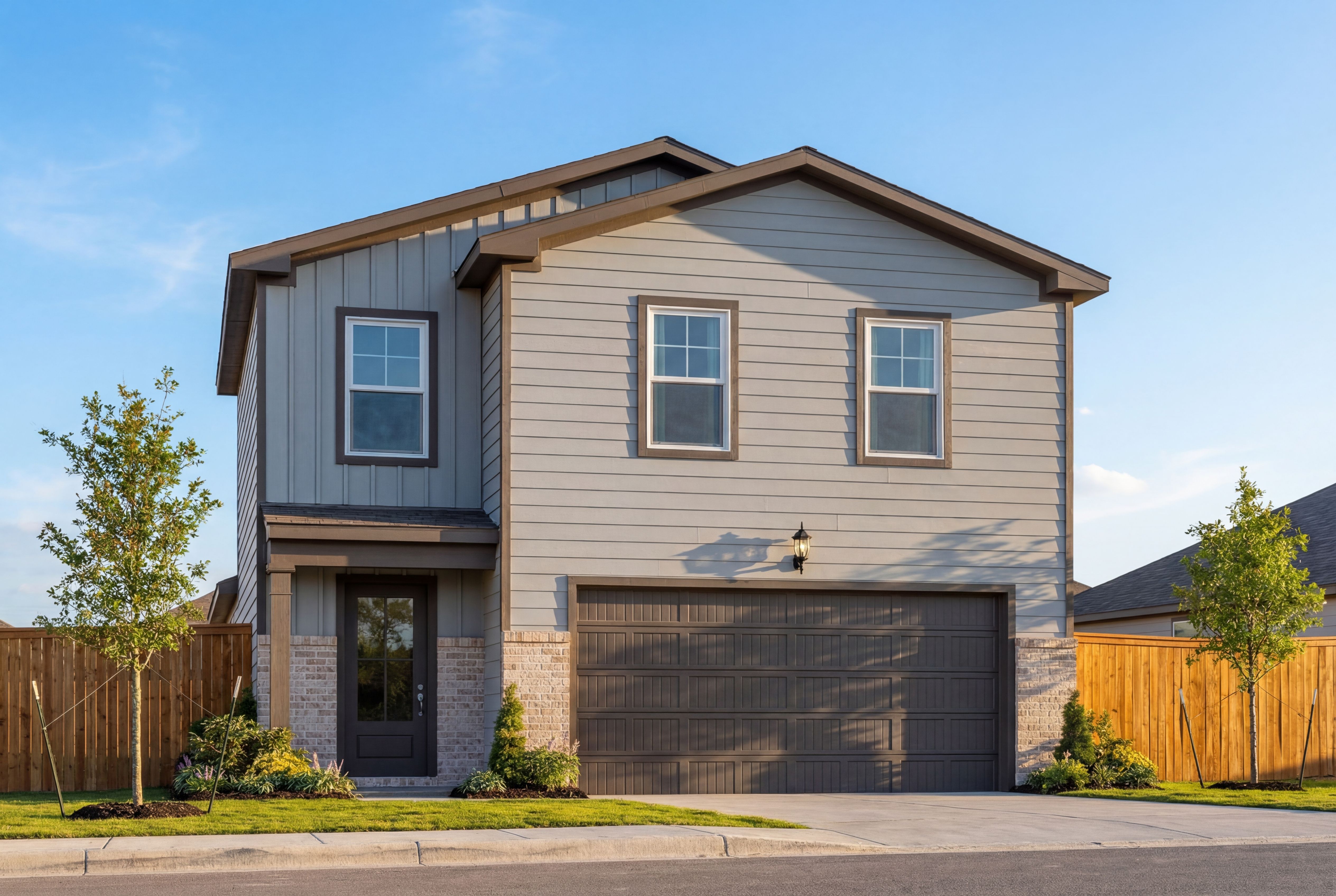 Two-story Blanco B home with gray siding, brown accents, two-car garage, front porch, and landscaped yard in San Antonio