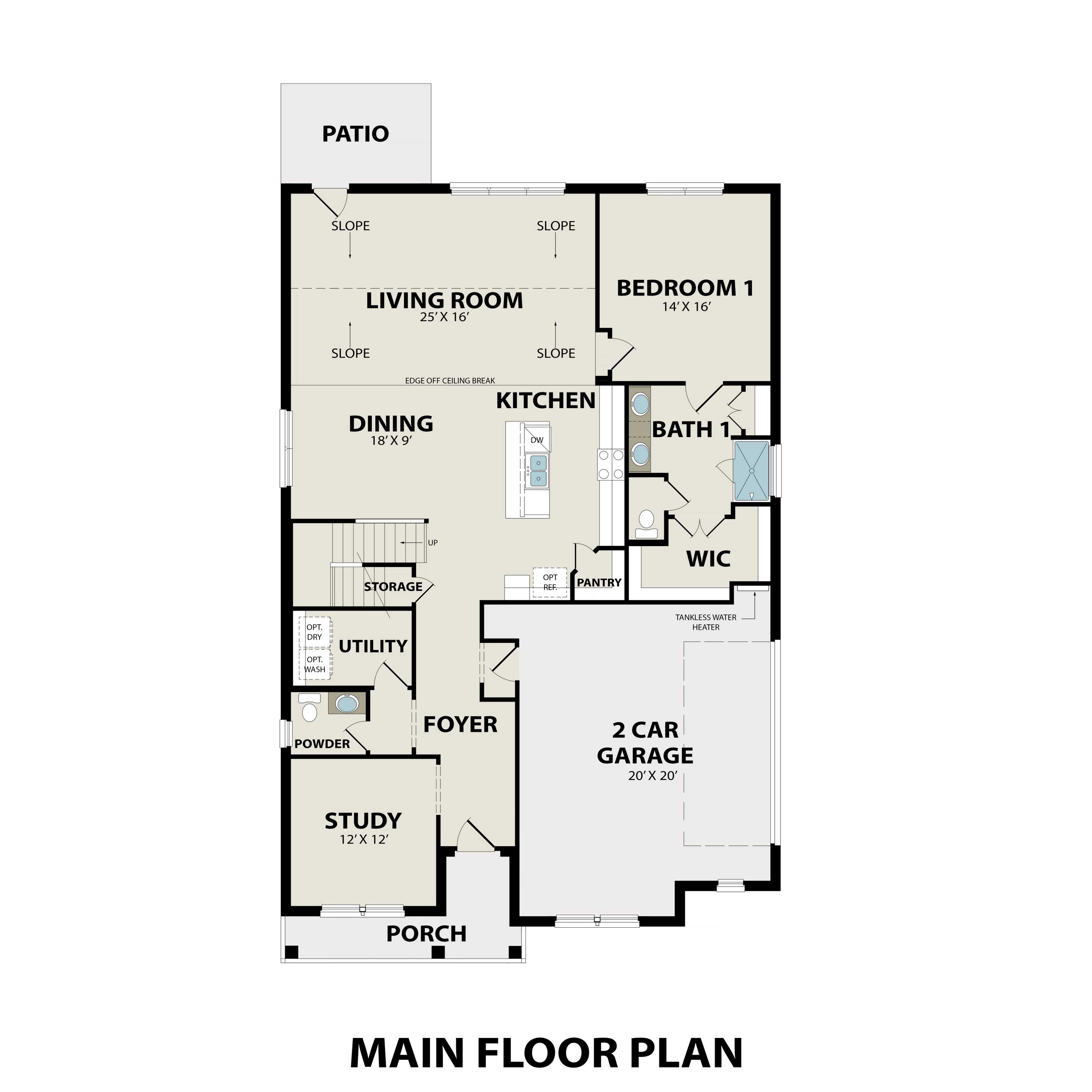 Main floor plan of The Ridgeport G featuring master suite, open kitchen-dining-living, study, and 2-car garage