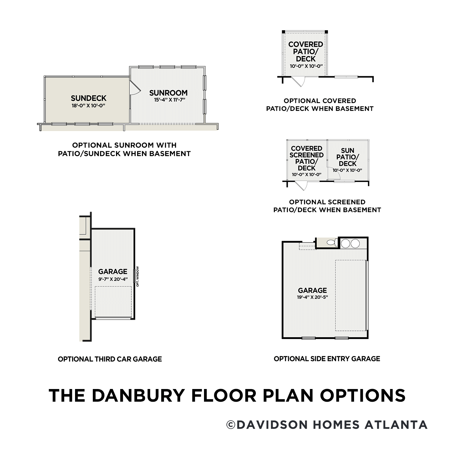 Danbury floor plan options showing optional sunroom, covered patio, deck, third car garage, and side entry garage by Davidson Homes