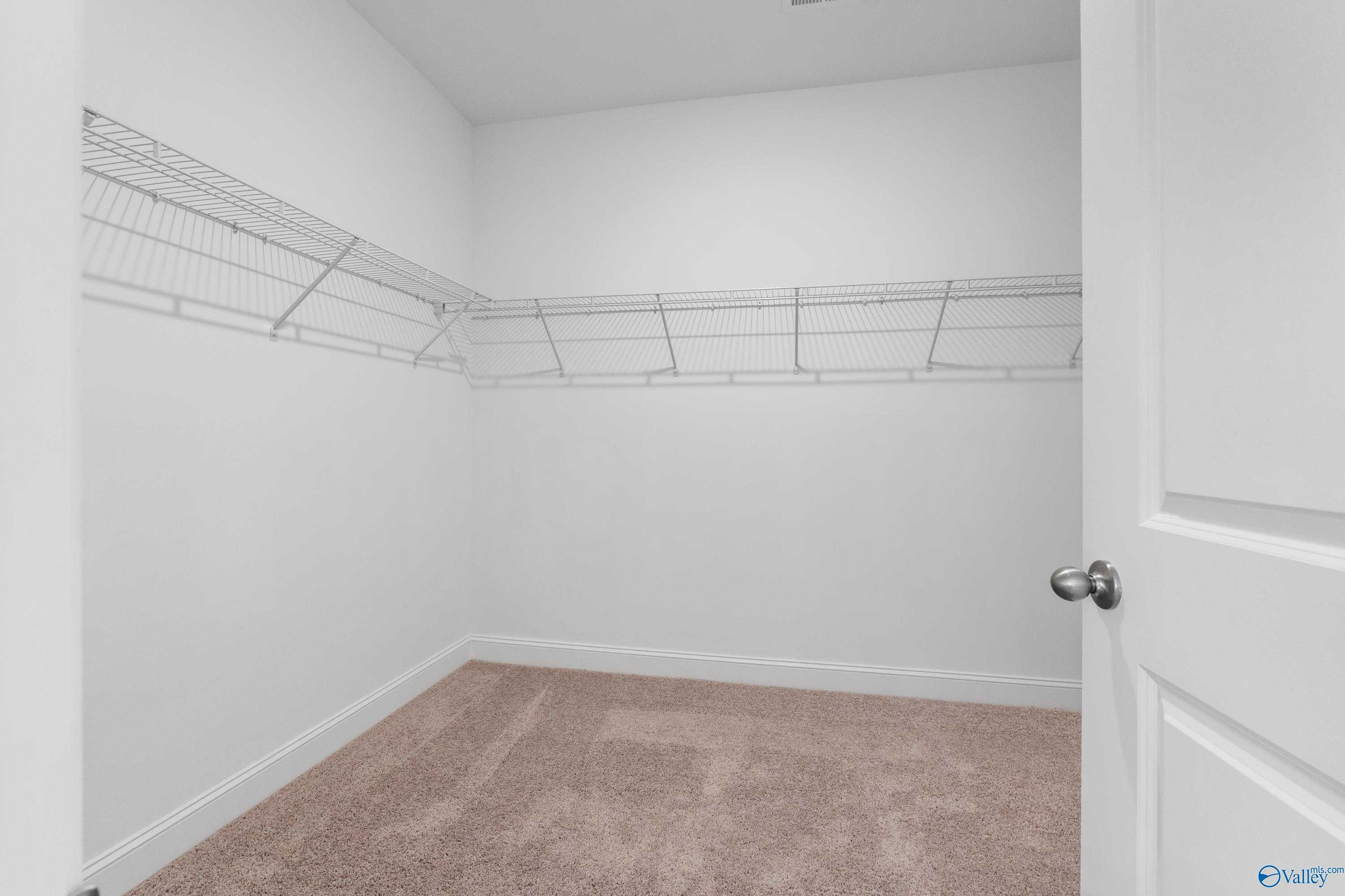 Spacious walk-in closet with wire shelving and beige carpet in Davidson Homes The Rockford B, Toney, Alabama