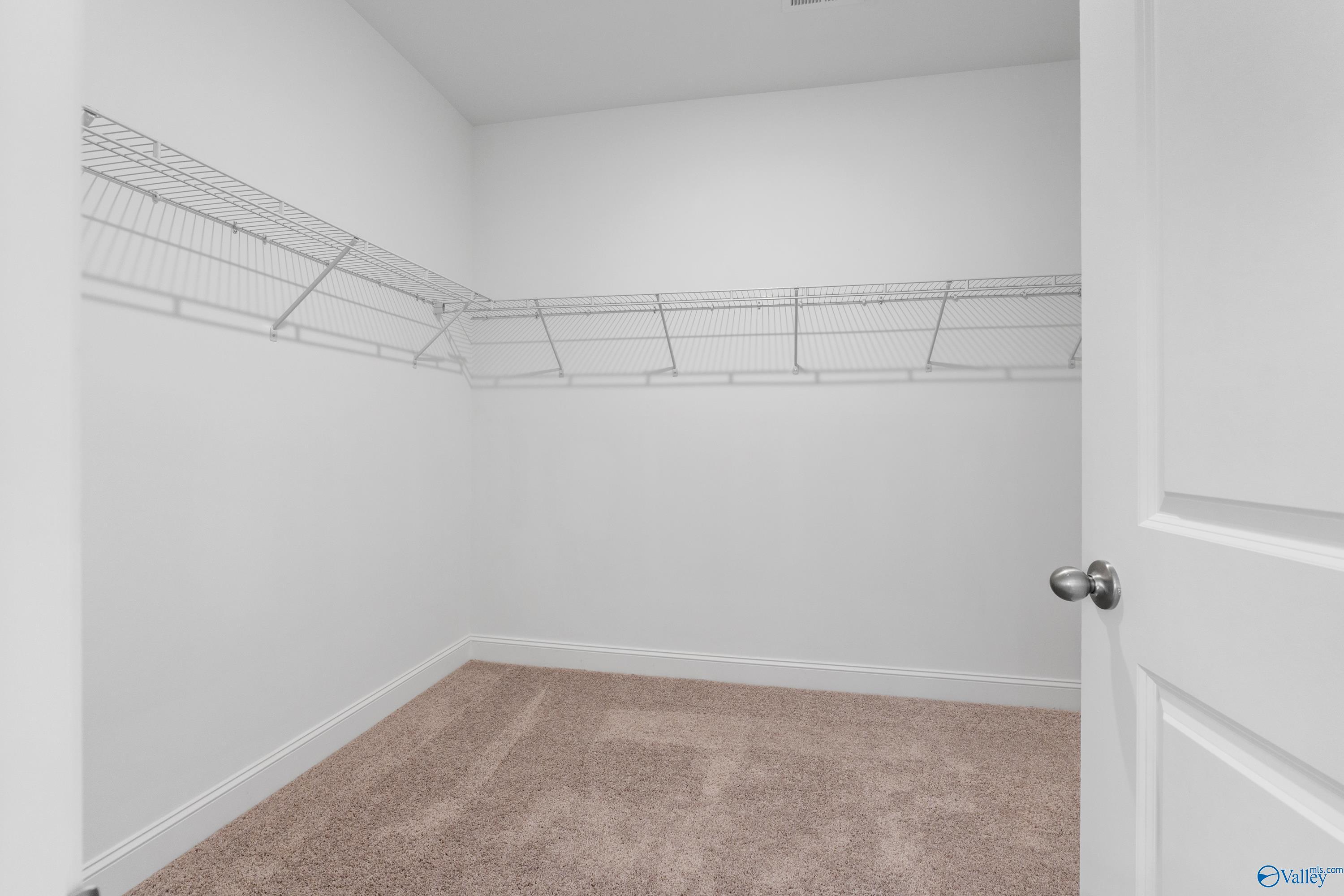 Spacious walk-in closet with wire shelving, white walls, and carpeted floor in master suite of Davidson Homes The Rockford B, Toney, Alabama