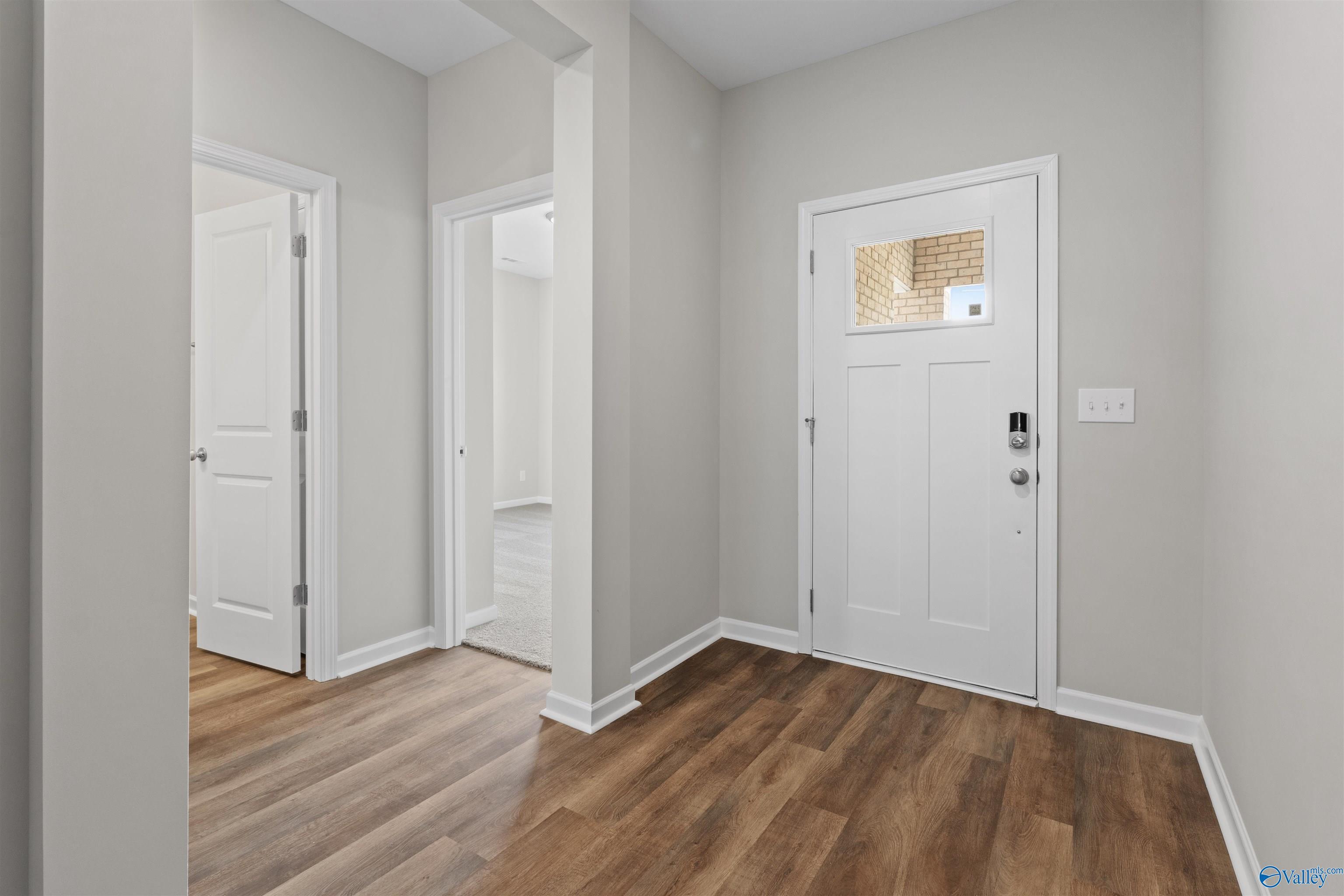 Bright entry hallway with white doors, gray walls, and luxury vinyl plank floors in Davidson Homes The Luna, Hazel Green, Alabama