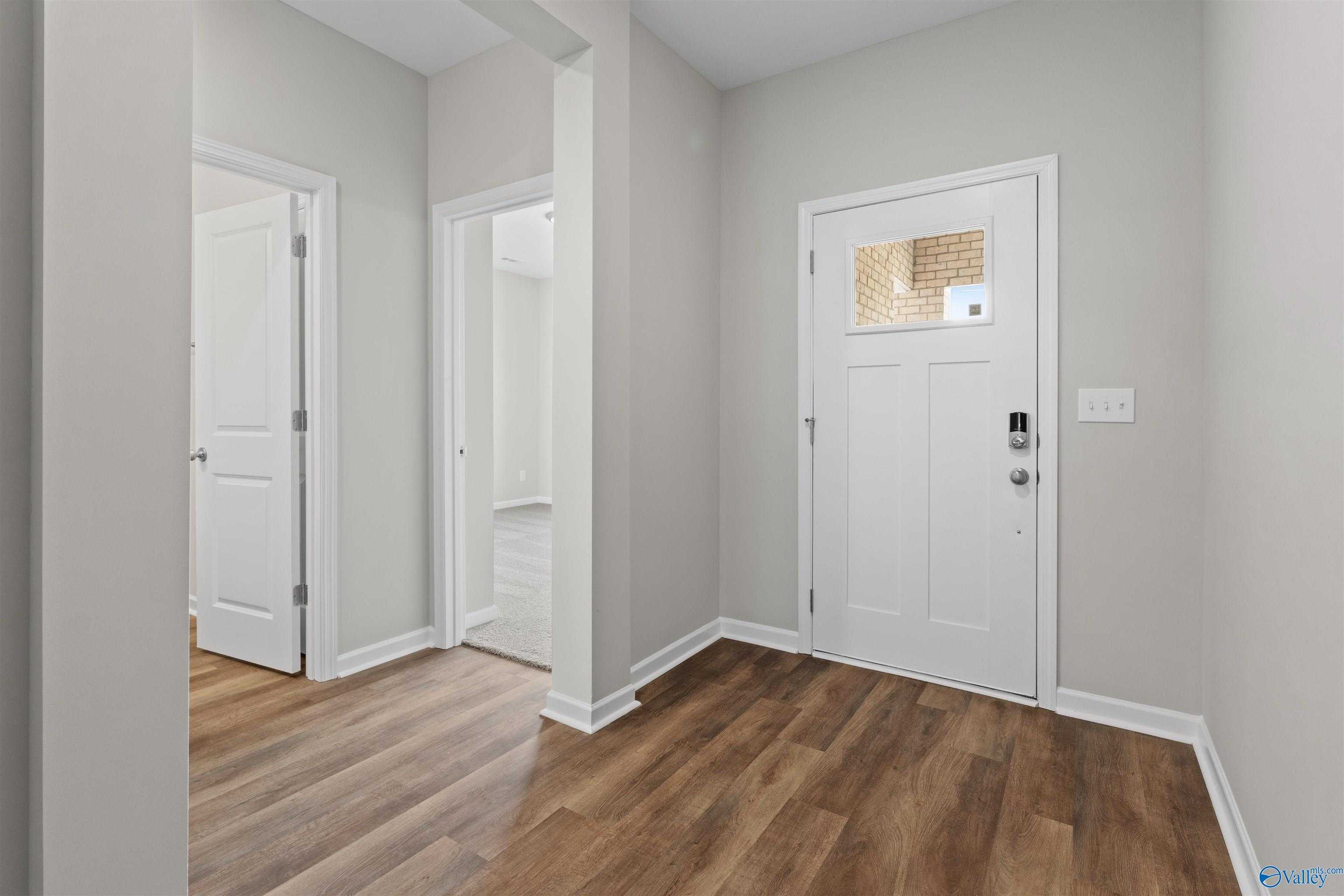 Bright entry hallway with white doors, gray walls, and luxury vinyl plank floors in Davidson Homes The Luna, Hazel Green, Alabama
