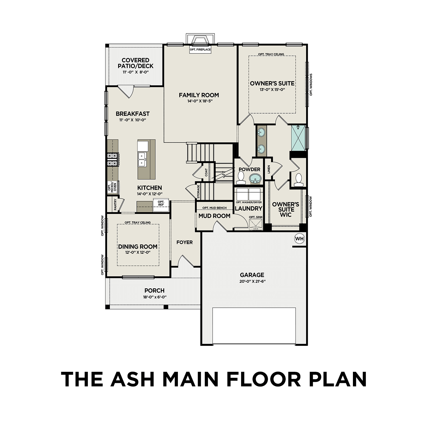 First floor plan of The Ash showcasing open-concept kitchen, family room, main-floor owner's suite, and 2-car garage in 3-bedroom Davidson Homes design