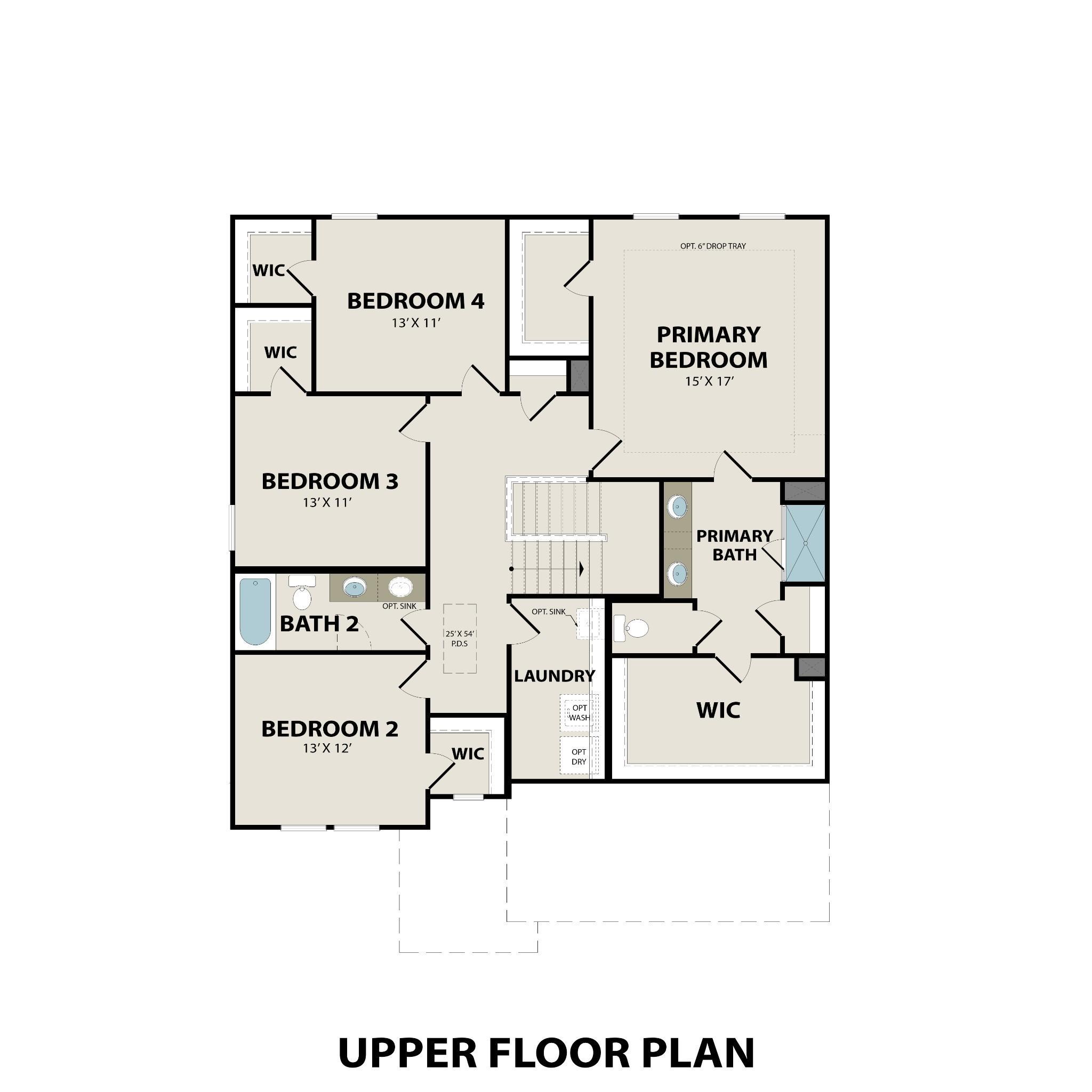 Second-floor plan for The Henry C by Davidson Homes, featuring three bedrooms, primary suite, and laundry in Mt. Juliet.