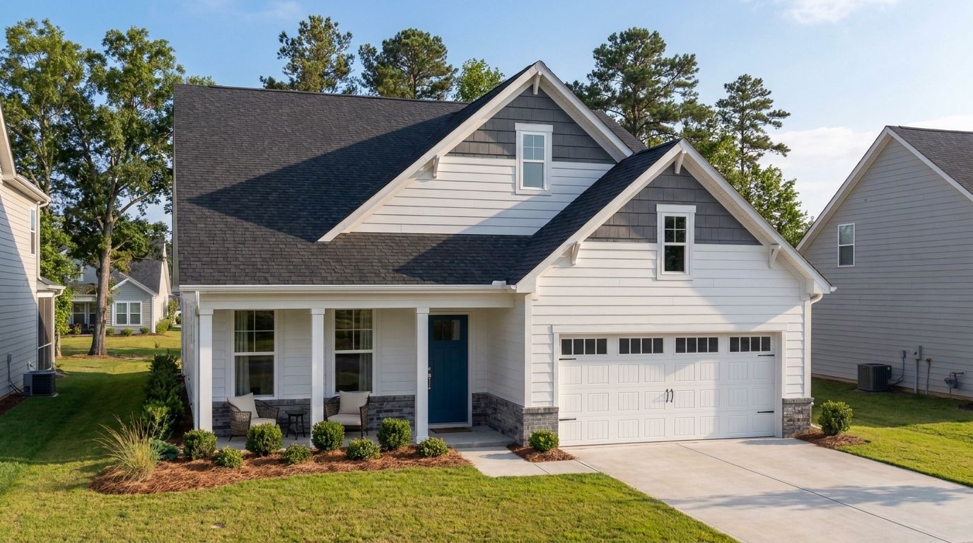 Two-story The Birch II A craftsman home by Davidson Homes featuring white siding, gabled black roof, covered porch, blue door, two-car garage, and landscaped yard in Aberdeen NC