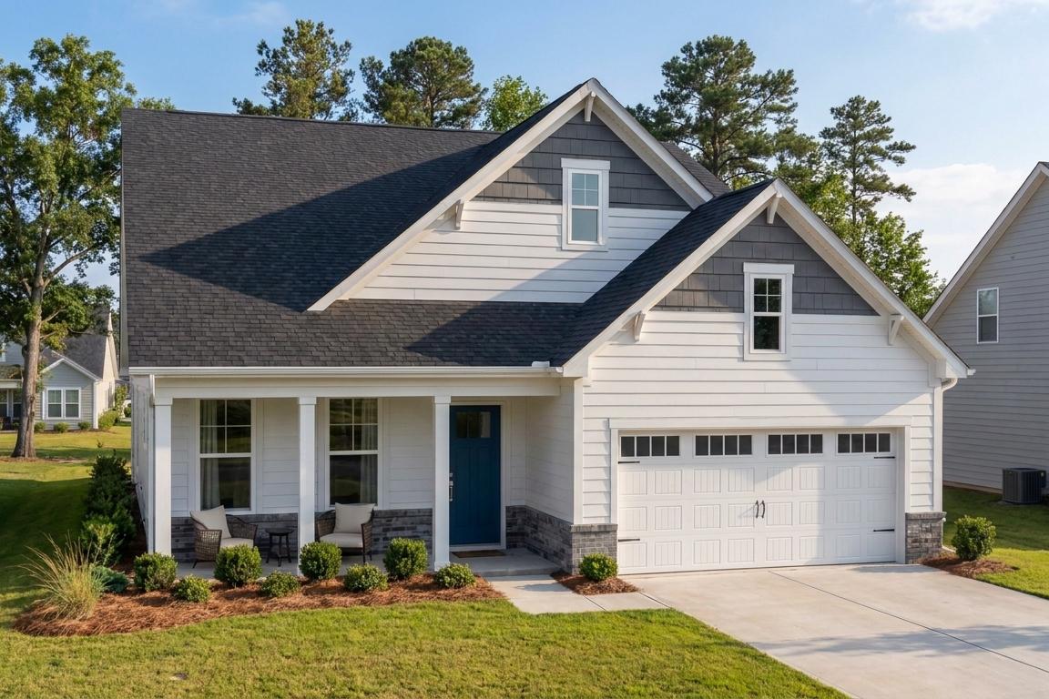 Two-story The Birch II A craftsman home by Davidson Homes featuring white siding, gabled black roof, covered porch, blue door, two-car garage, and landscaped yard in Aberdeen NC