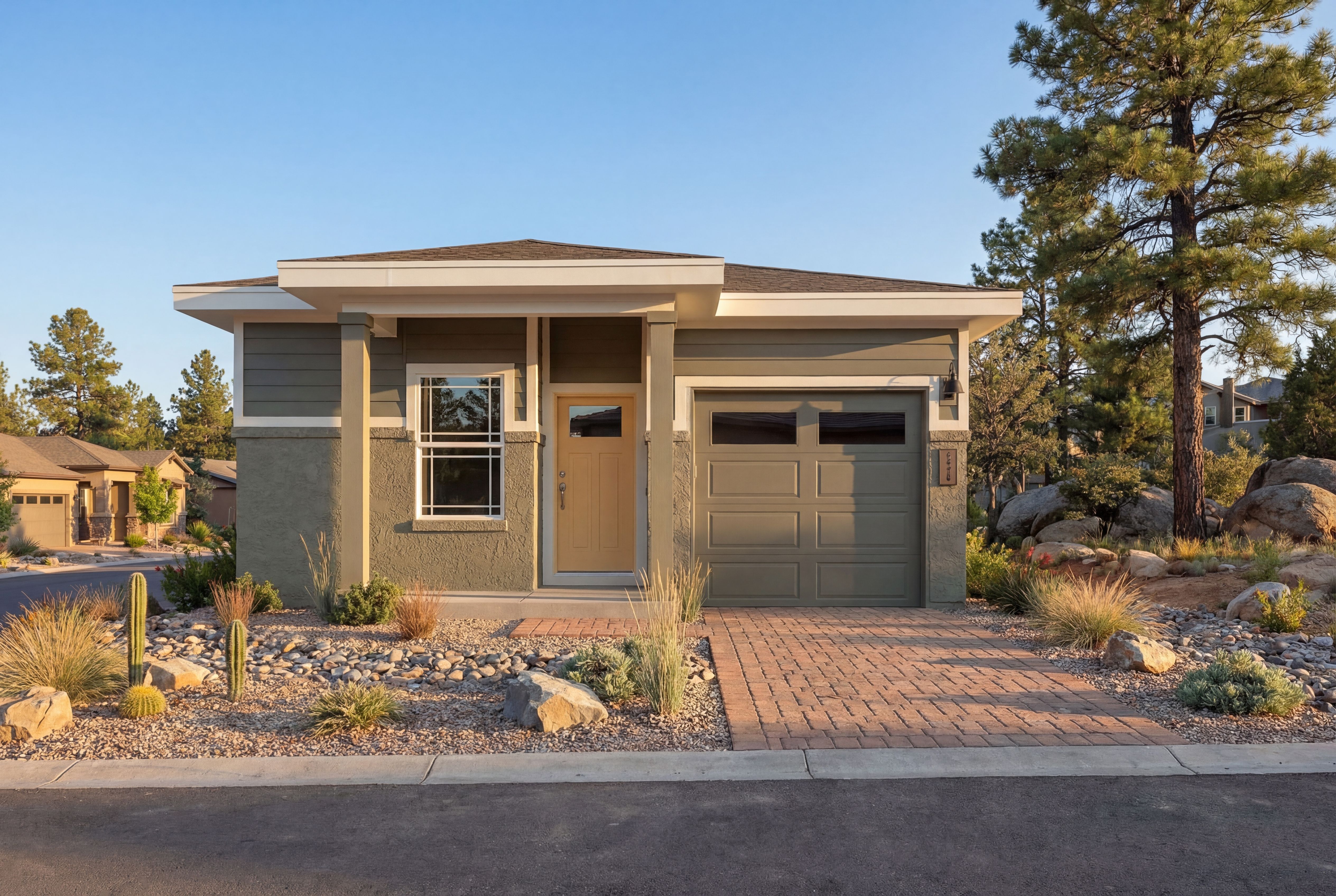 The Marietta A single-story home in Prescott, Arizona, featuring a modern exterior, stone accents, and a paved driveway.