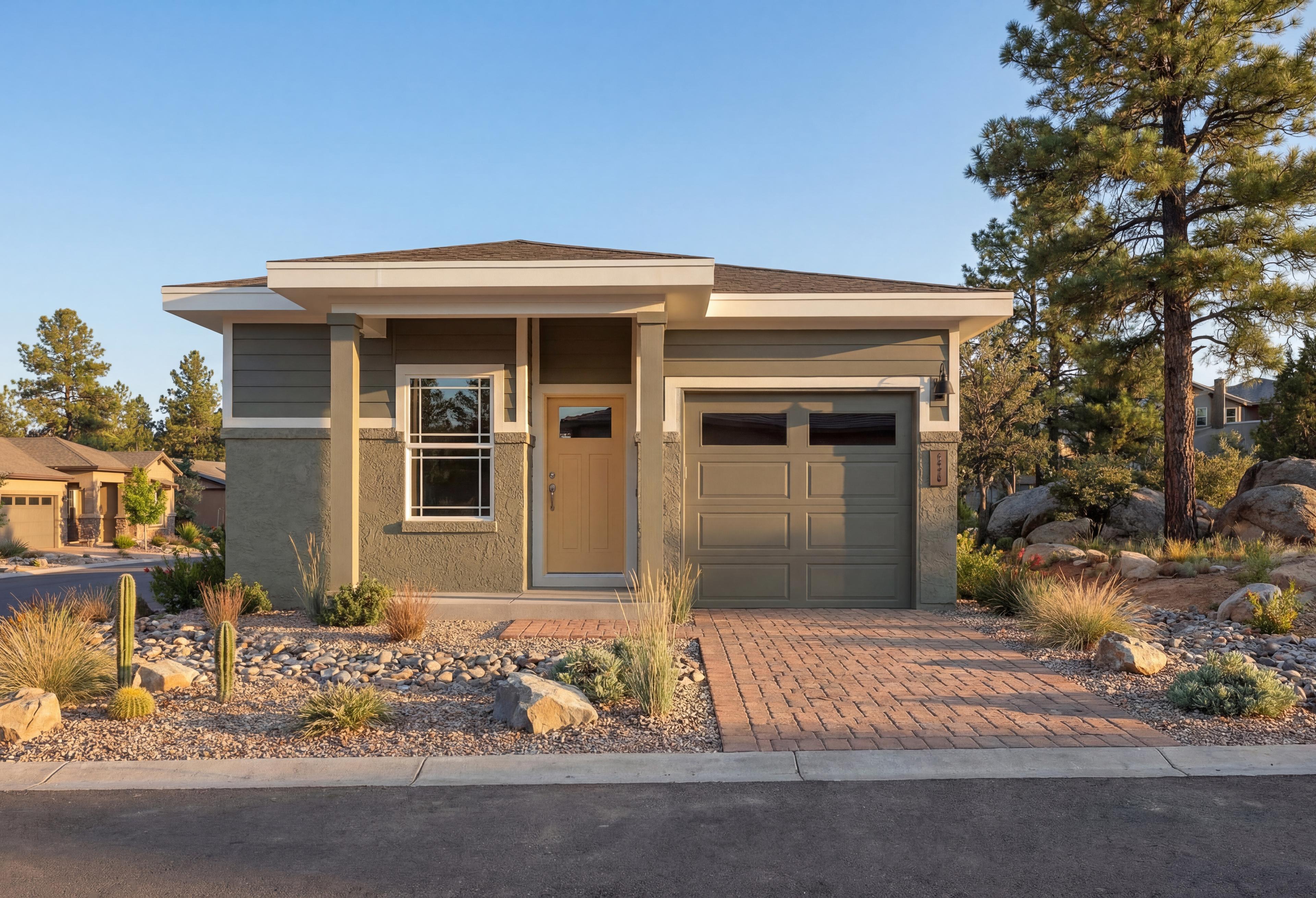 The Marietta A single-story home in Prescott, Arizona, featuring a modern exterior, stone accents, and a paved driveway.