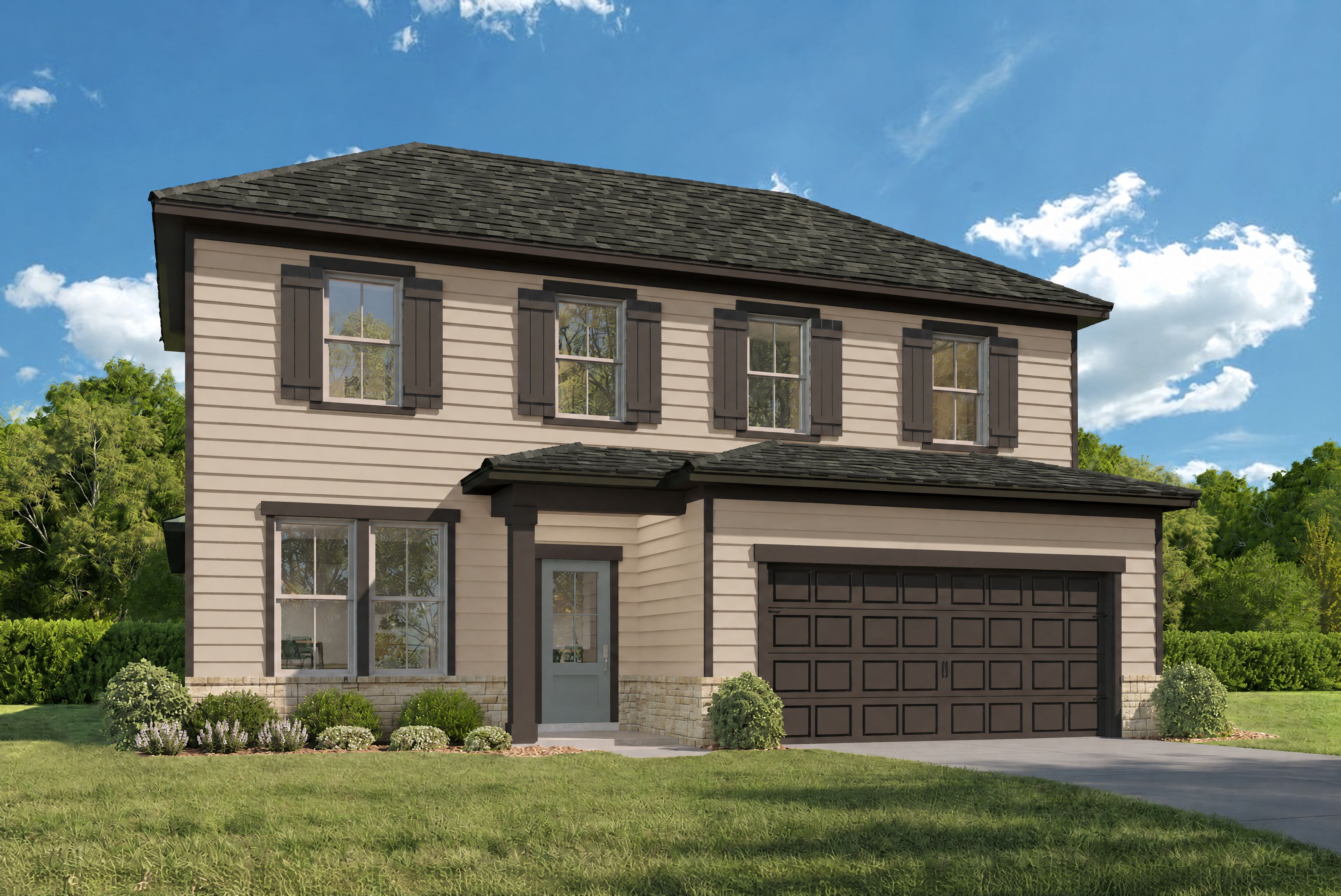 Two-story Ashport B home elevation by Davidson Homes in San Antonio, TX, with brick accents, siding, and 2-car garage