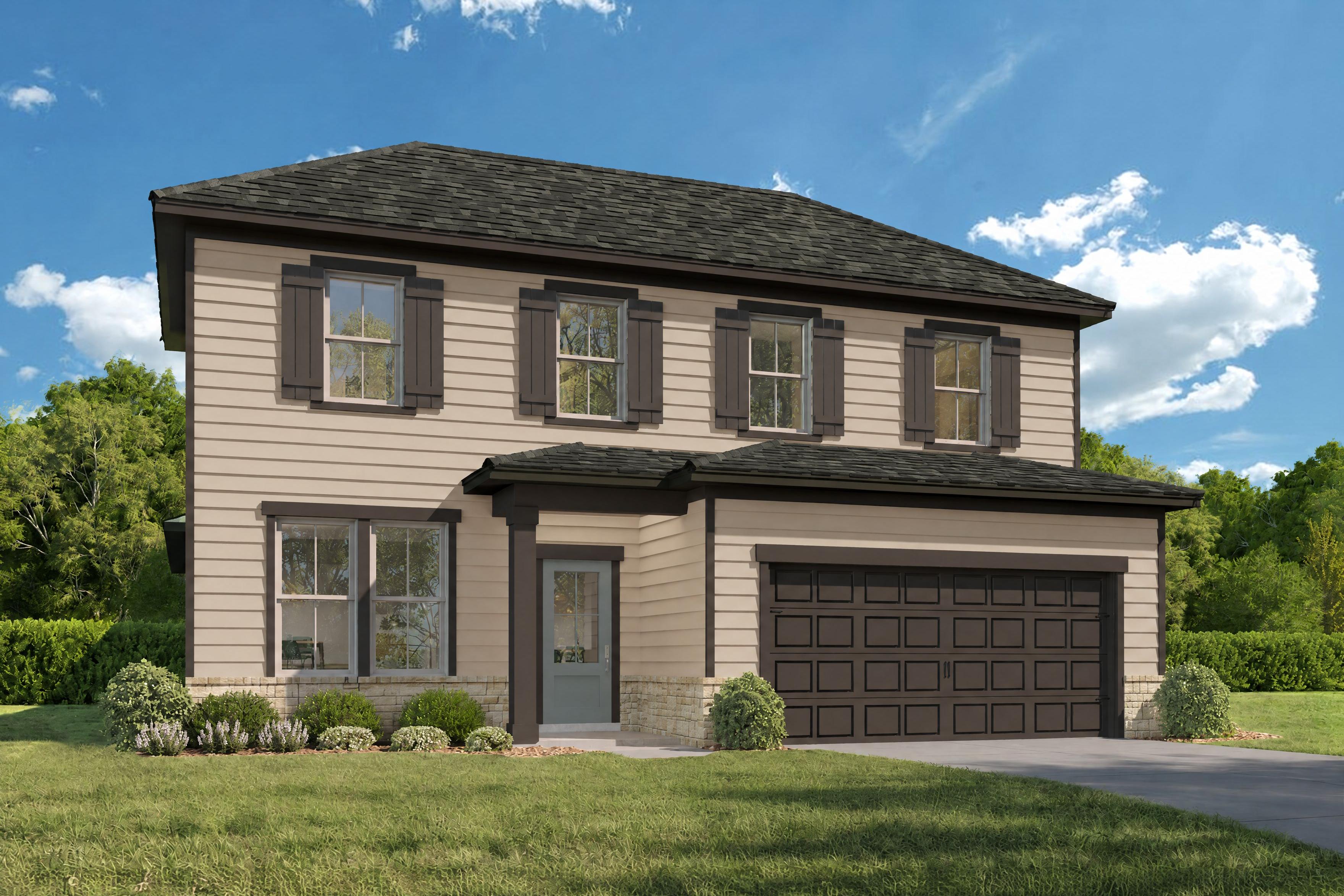 Two-story Ashport B home elevation by Davidson Homes in San Antonio, TX, with brick accents, siding, and 2-car garage