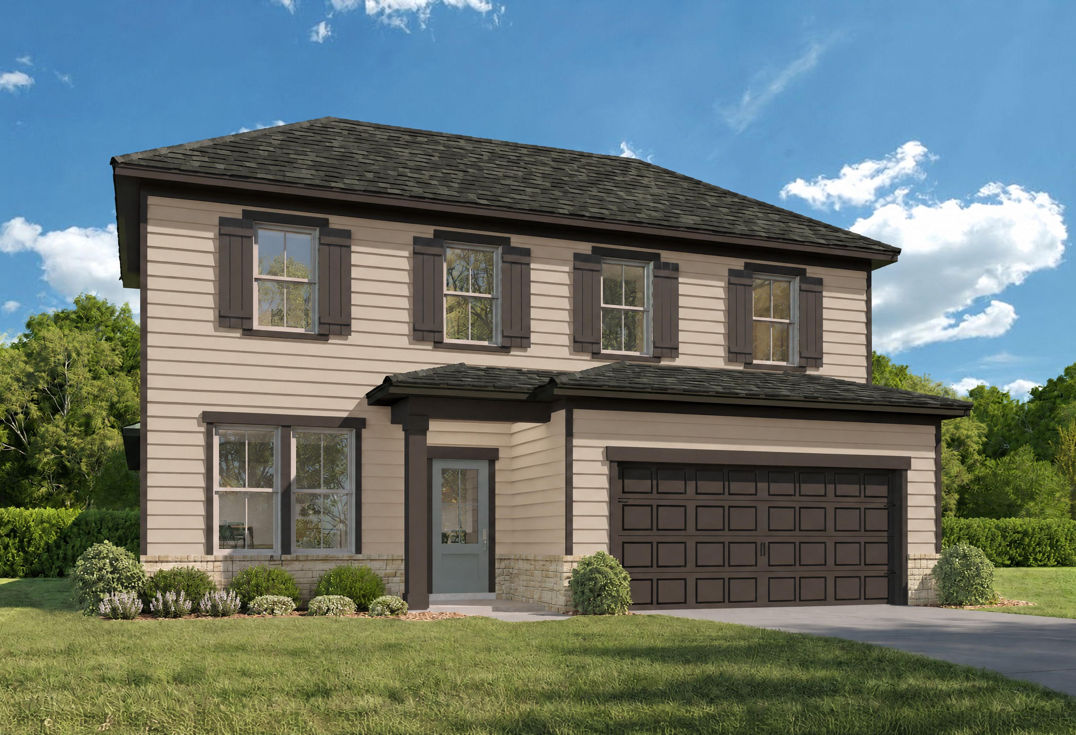 Two-story Ashport B home elevation by Davidson Homes in San Antonio, TX, with brick accents, siding, and 2-car garage