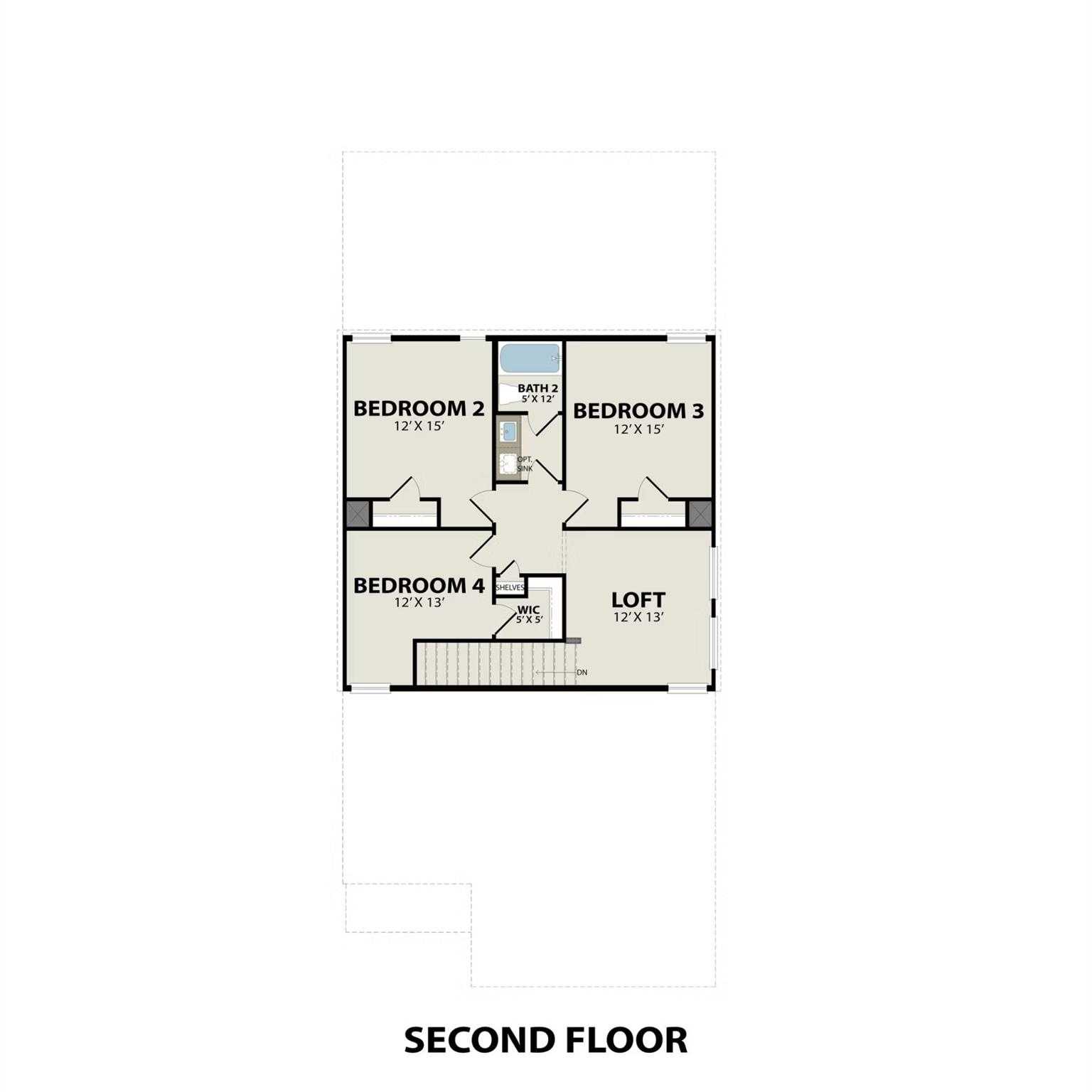 Second floor plan of The Sabine F: 3 bedrooms, loft, 2 baths, stairs in 4-bed Davidson Homes, Windmill Estates, Magnolia TX