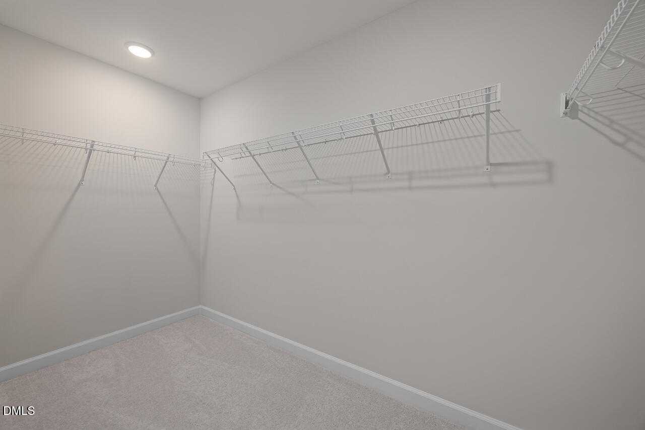 Spacious walk-in closet featuring white wire shelving, beige carpet, and gray walls in Davidson Homes The Gavin C, Lillington, NC