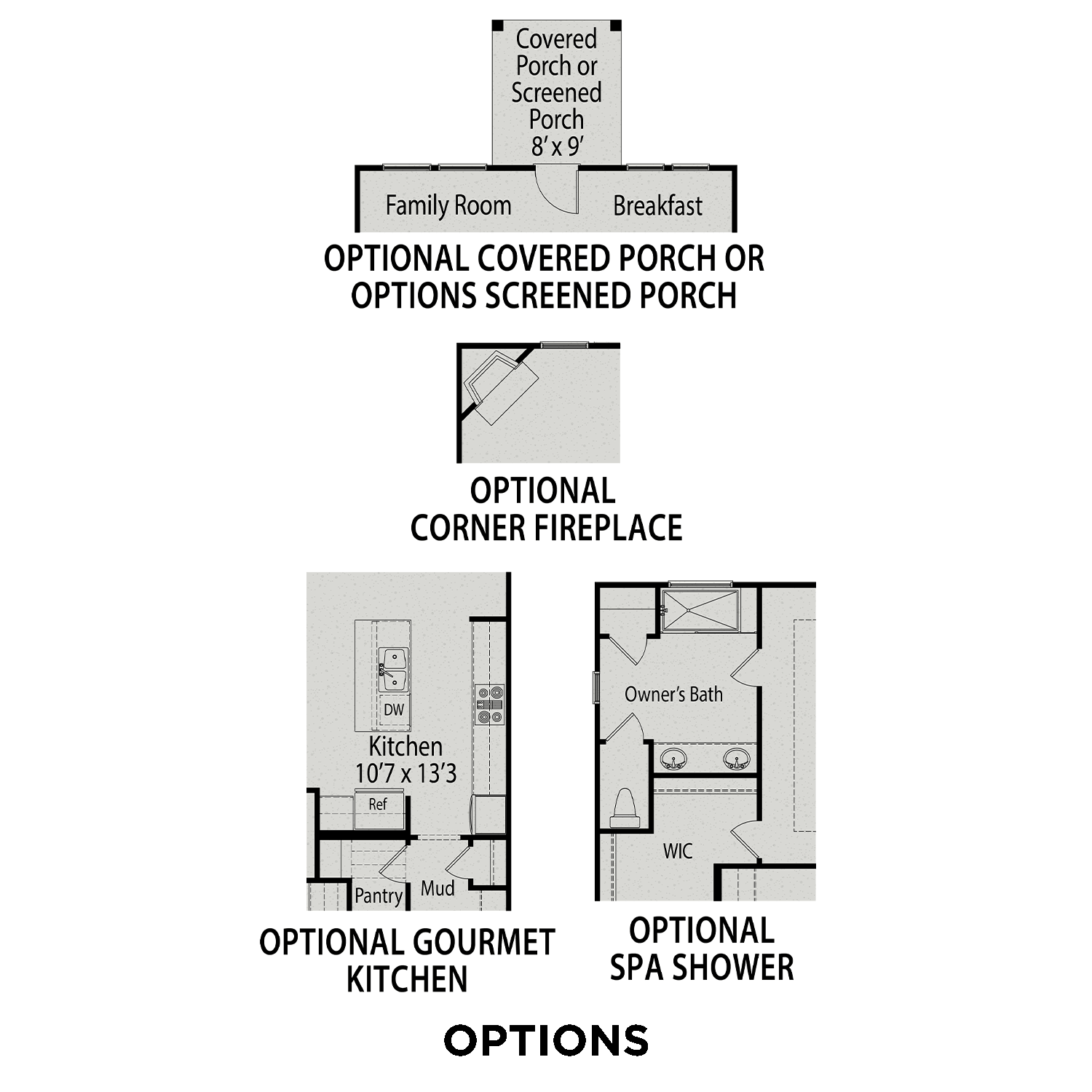 The Wake first floor plan featuring optional screened porch, family room, gourmet kitchen, and owner's spa shower