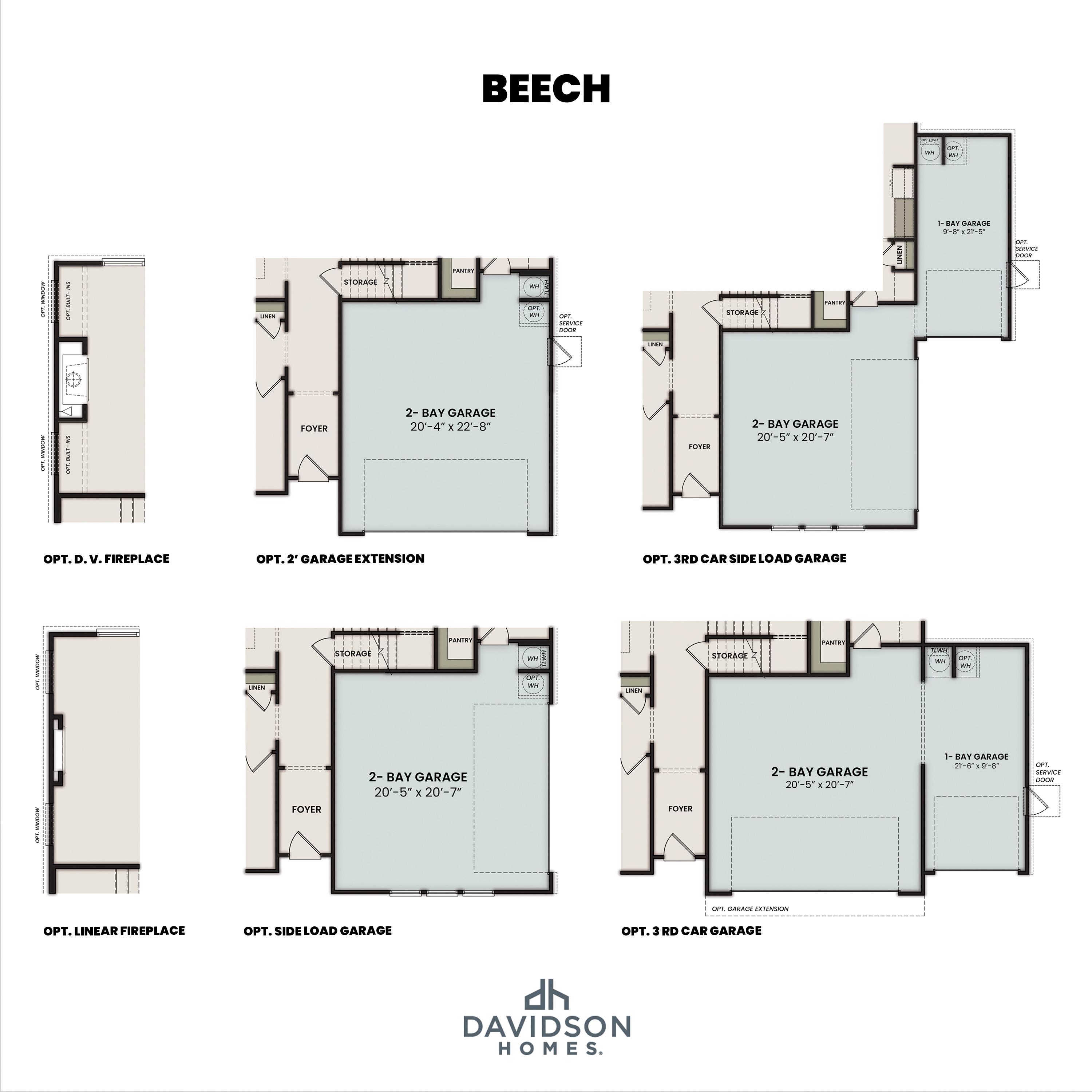 Optional floor plan configurations for The Beech A, showing garage extensions, side-load layouts, and fireplace options.